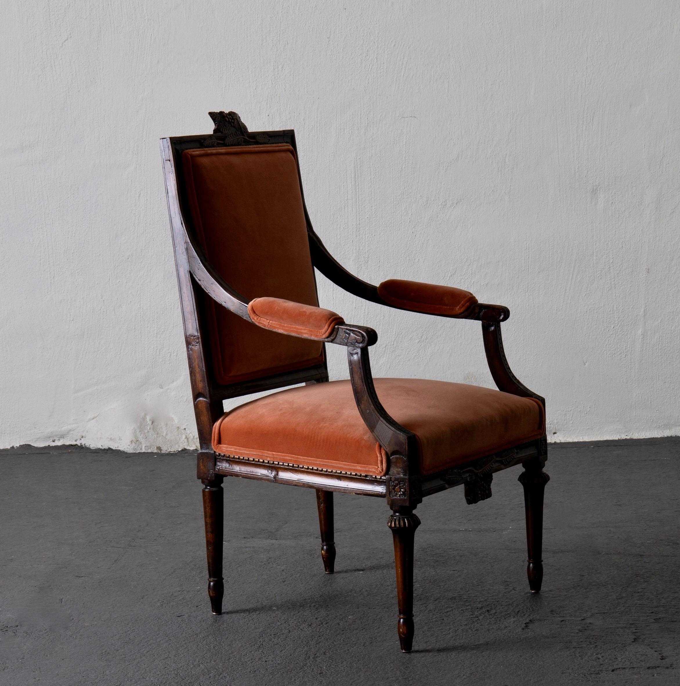 19th Century Armchair Swedish Gustavian Dark Apricot Velvet, Sweden For Sale