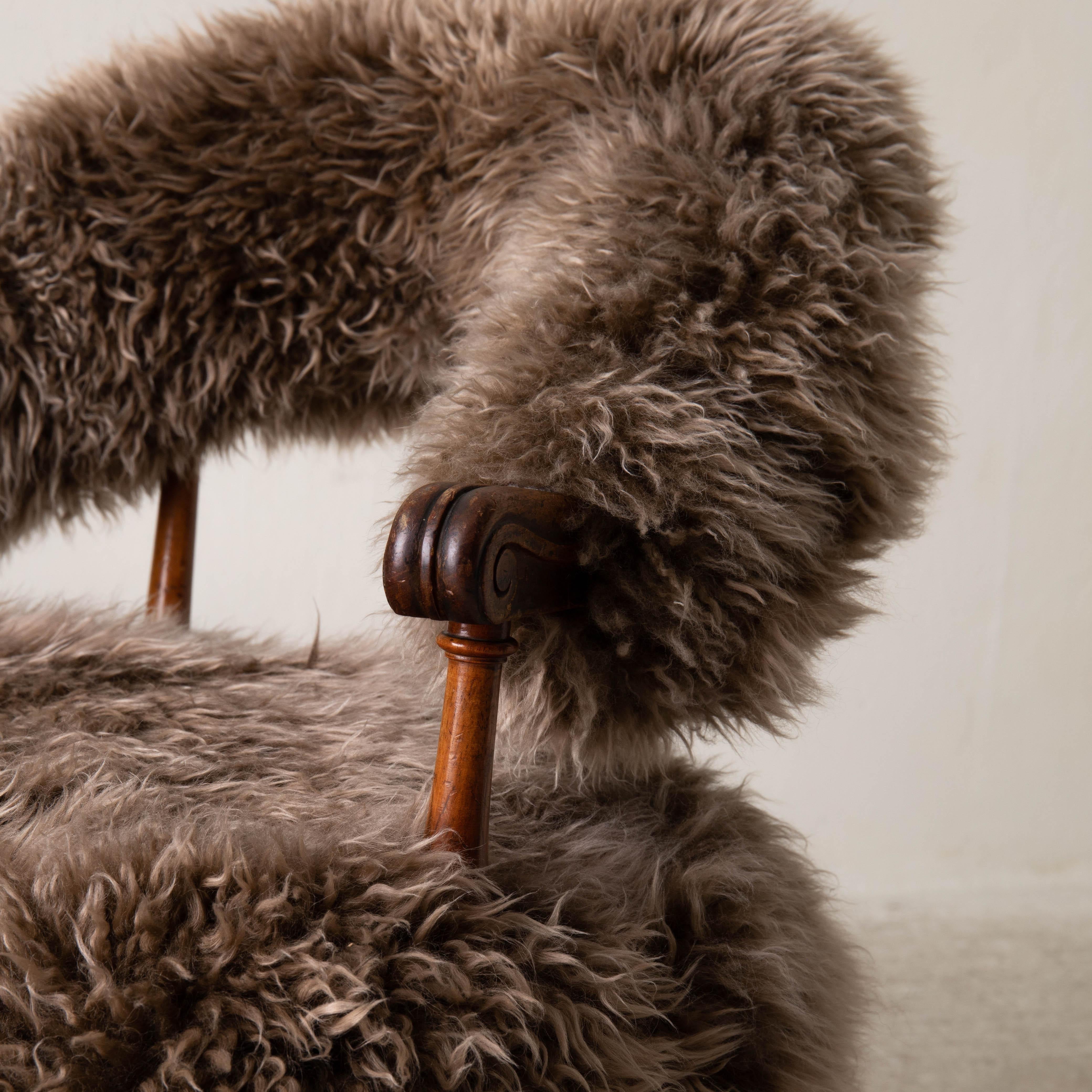 Armchair Swedish Late 19th Century Fur Beige Brown, Sweden 3