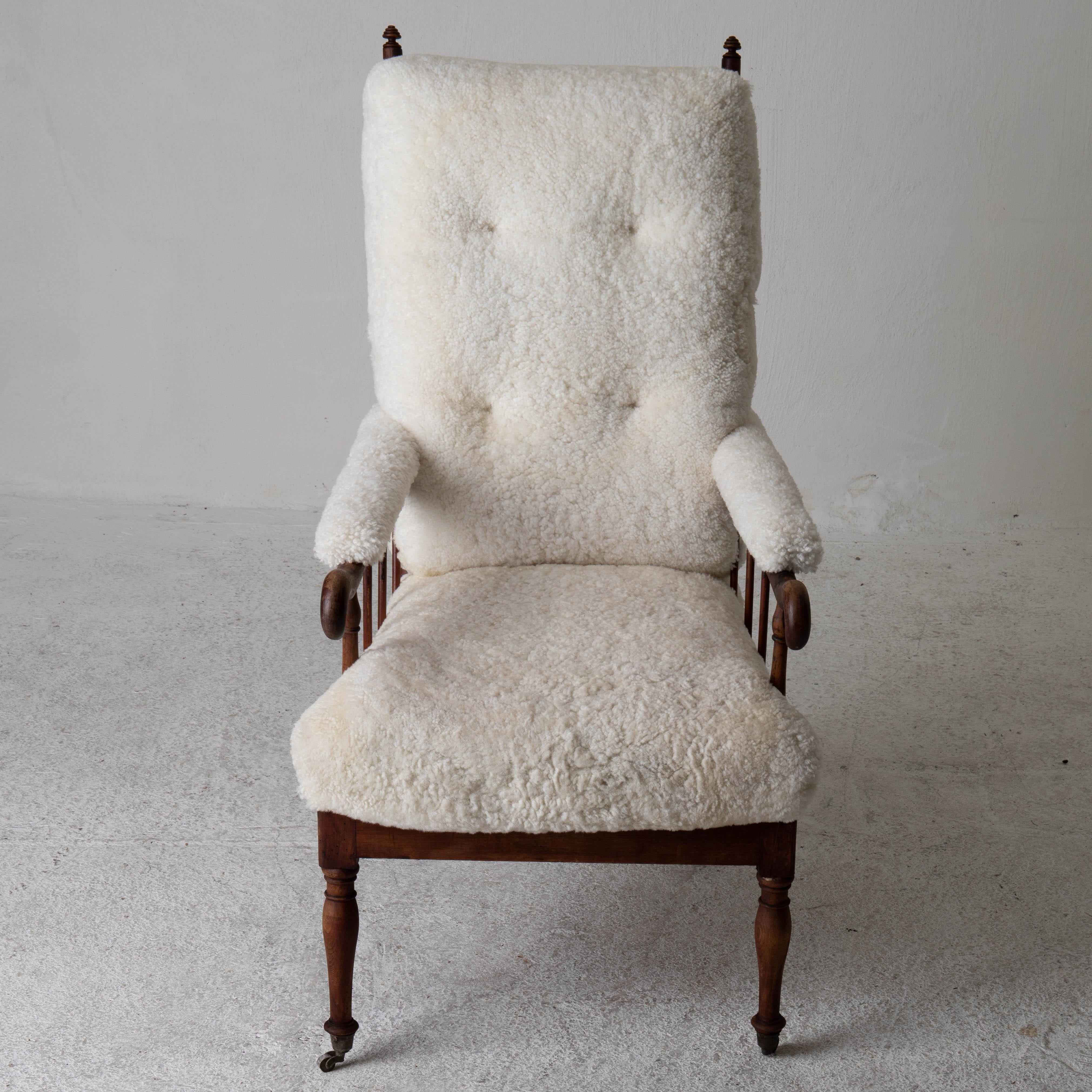 Armchair Tall Back Swedish Shearling White Brown Frame 19th Century Sweden  4
