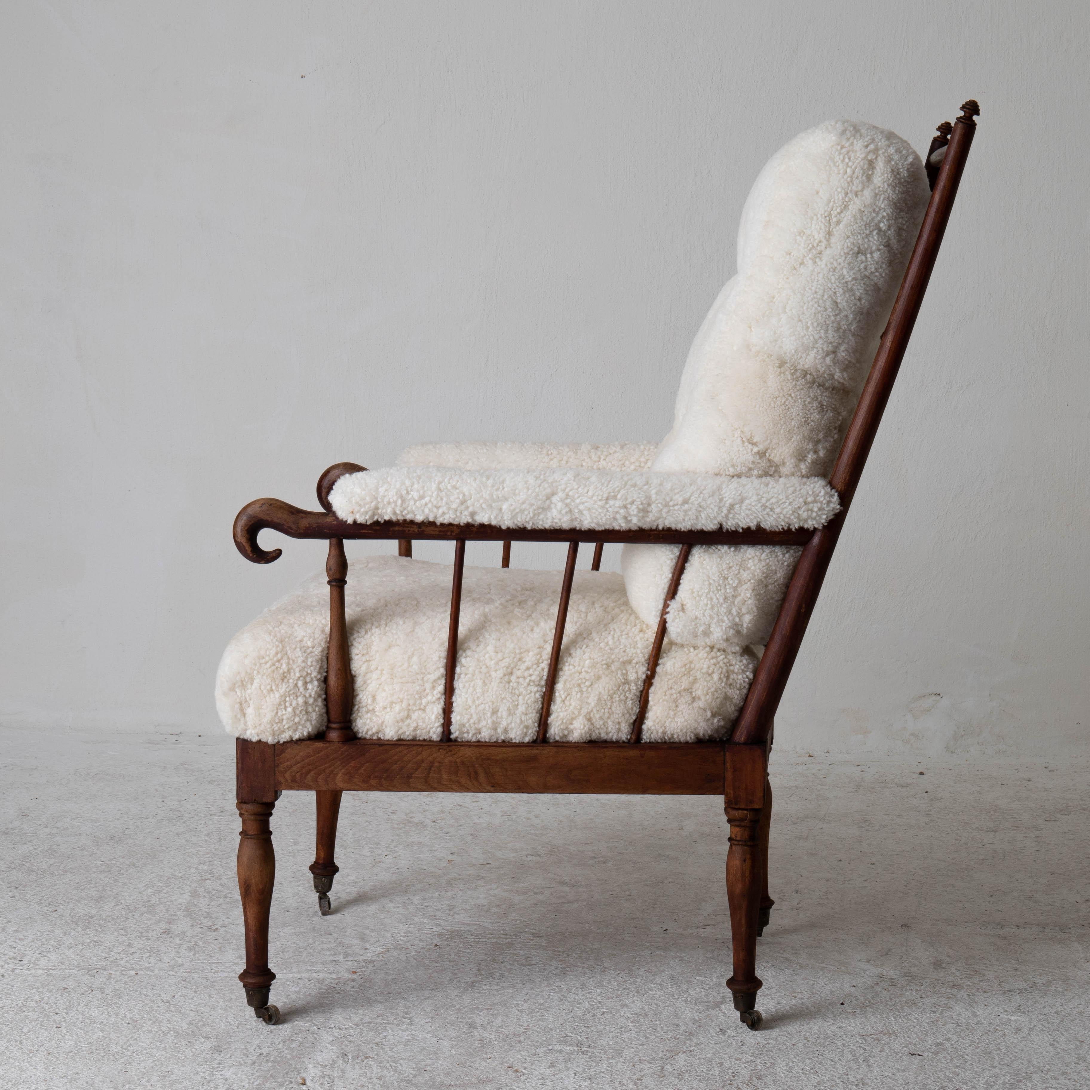 Folk Art Armchair Tall Back Swedish Shearling White Brown Frame 19th Century Sweden 