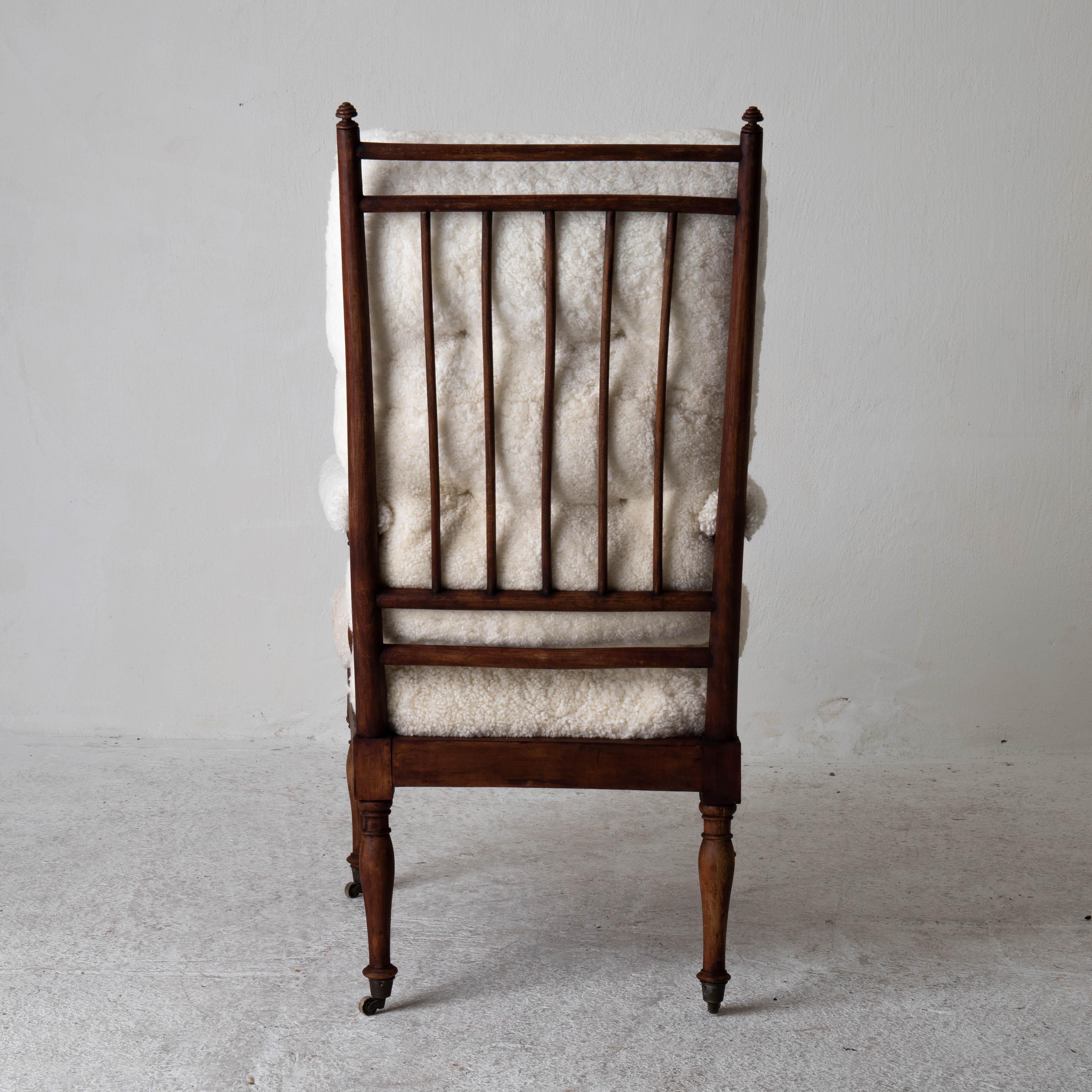 Armchair Tall Back Swedish Shearling White Brown Frame 19th Century Sweden  In Good Condition In New York, NY