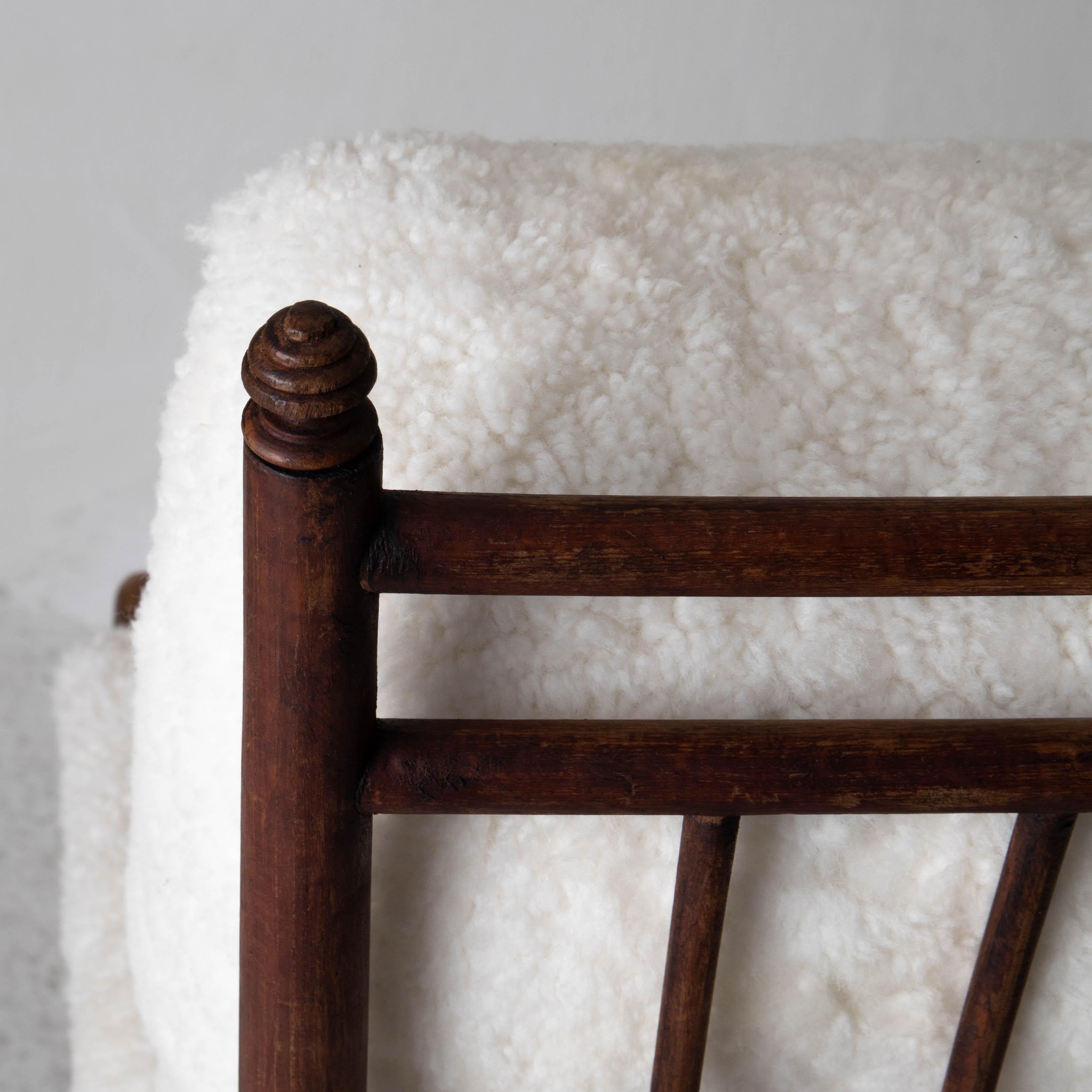 Sheepskin Armchair Tall Back Swedish Shearling White Brown Frame 19th Century Sweden 