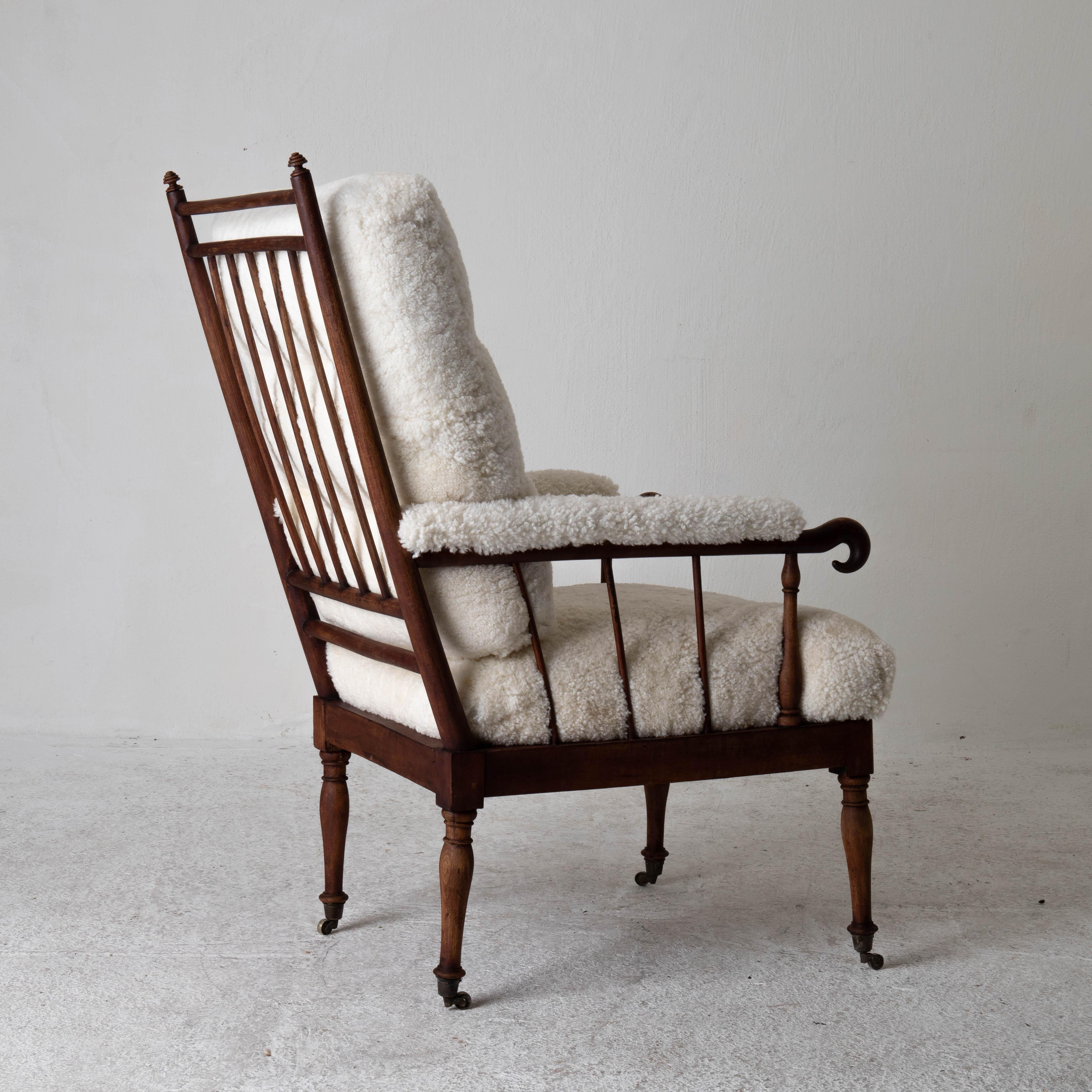 Armchair Tall Back Swedish Shearling White Brown Frame 19th Century Sweden  2