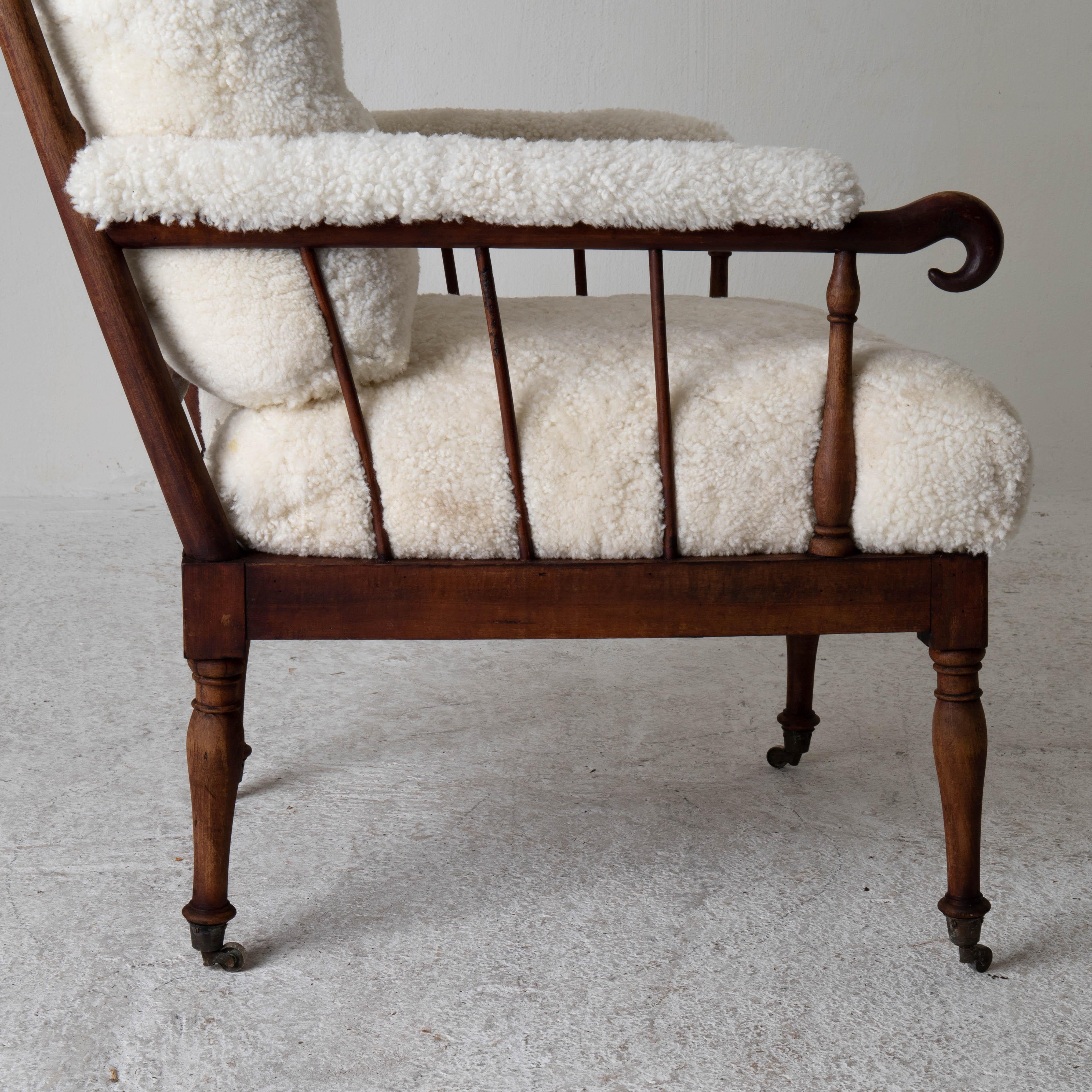 Armchair Tall Back Swedish Shearling White Brown Frame 19th Century Sweden  3