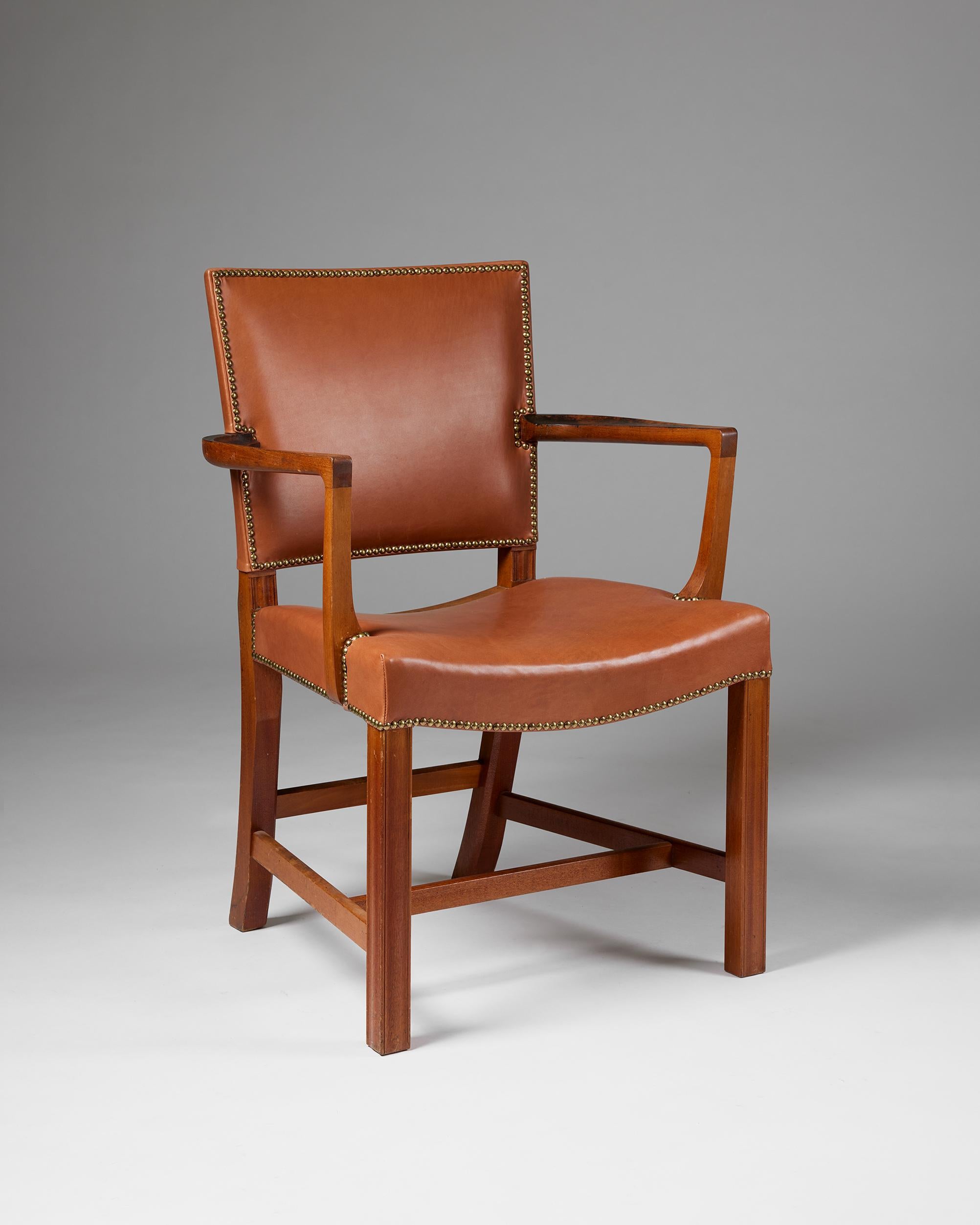 Armchair ‘The Red Chair’ Model 3758A designed by Kaare Klint for Rud. Rasmussen,
Denmark, 1930s.

Mahogany, leather upholstery, and brass.

This example was produced after 1930.

The design detailing of this magnificent chair by Kaare Klint,