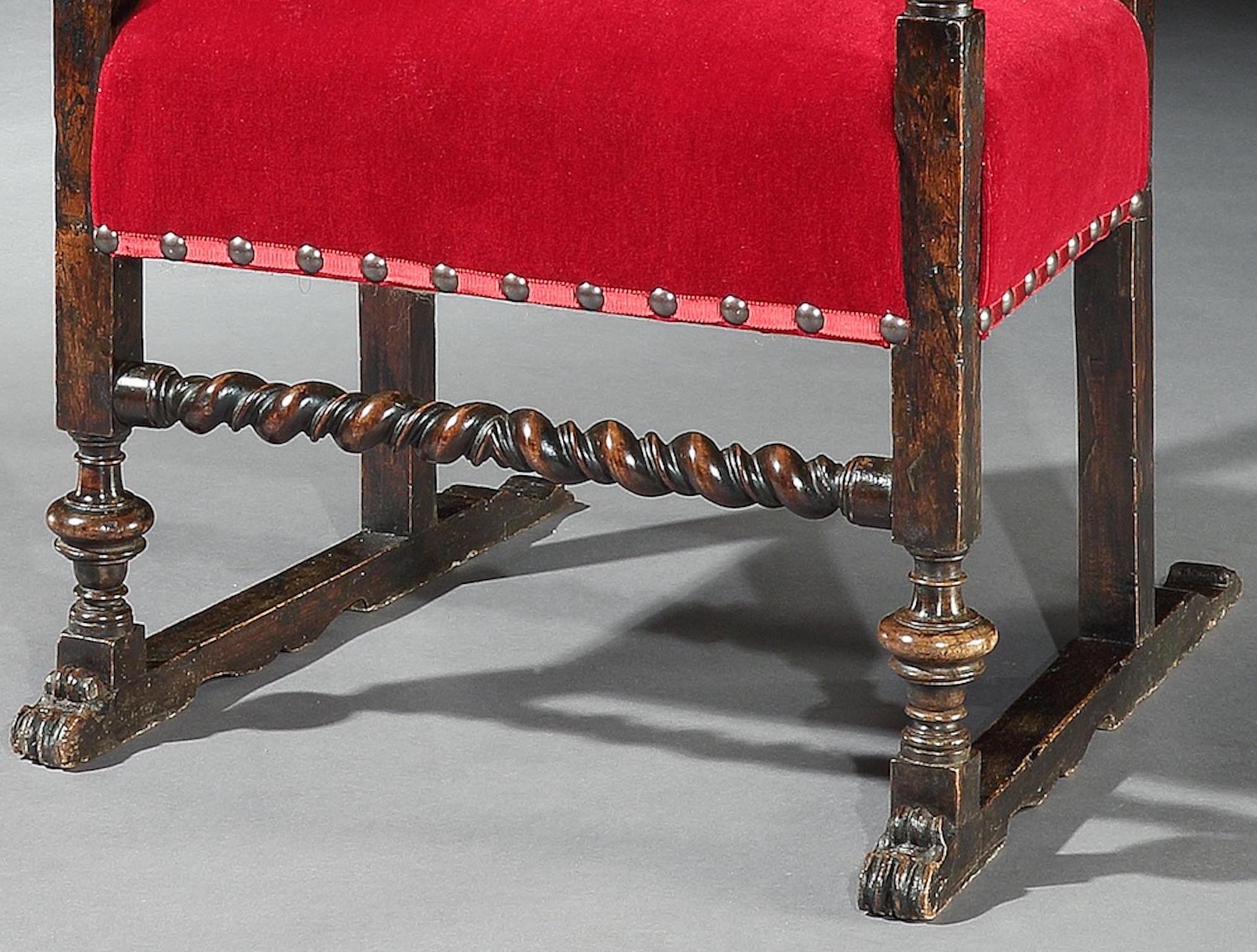 Armchair Throne Pair Italian Walnut Red Mohair Velvet Armorial Renaissance For Sale 1