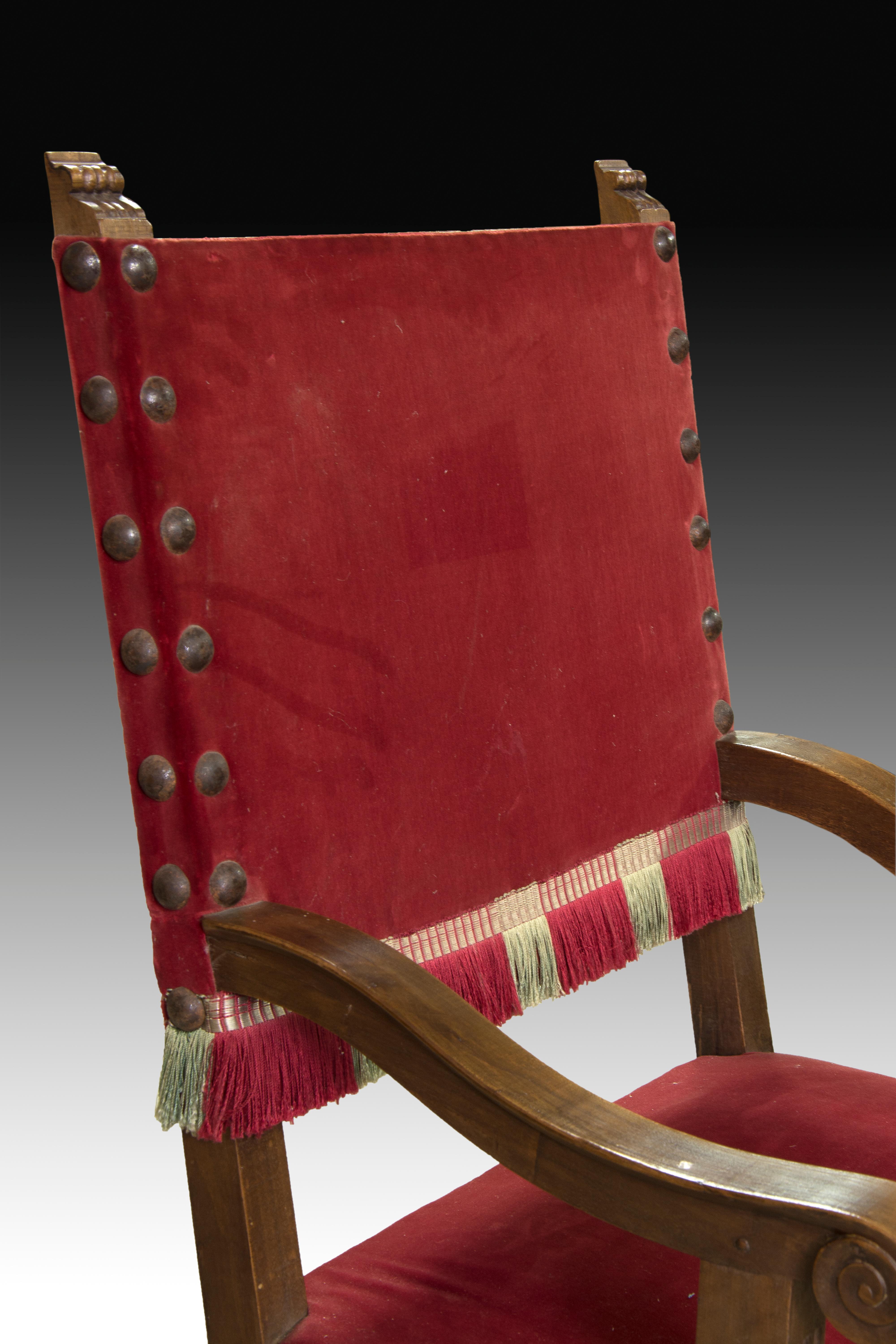Carved Armchair 'Type Called “Friar”' Wood, Textil, Spain, 20th Century For Sale