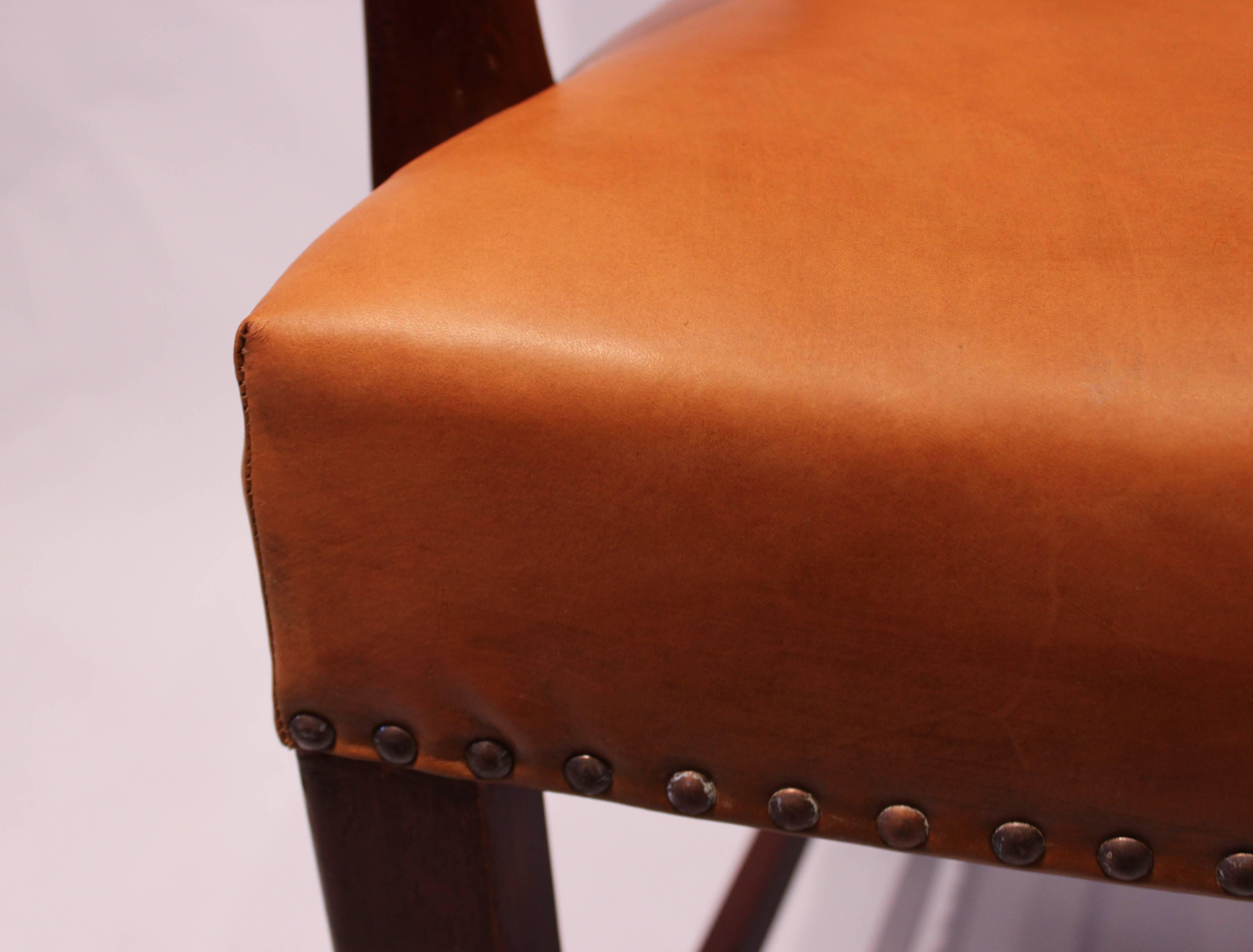 Wood Armchair Upholstered in Cognac Elegance Leather by Fritz Hansen, 1944 For Sale