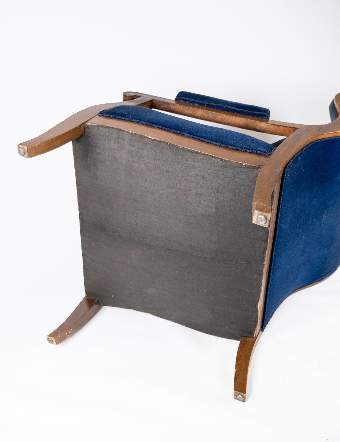 Armchair Made In Blue Velvet & Mahogany Designed By Fritz Henningsen From 1940s For Sale 1