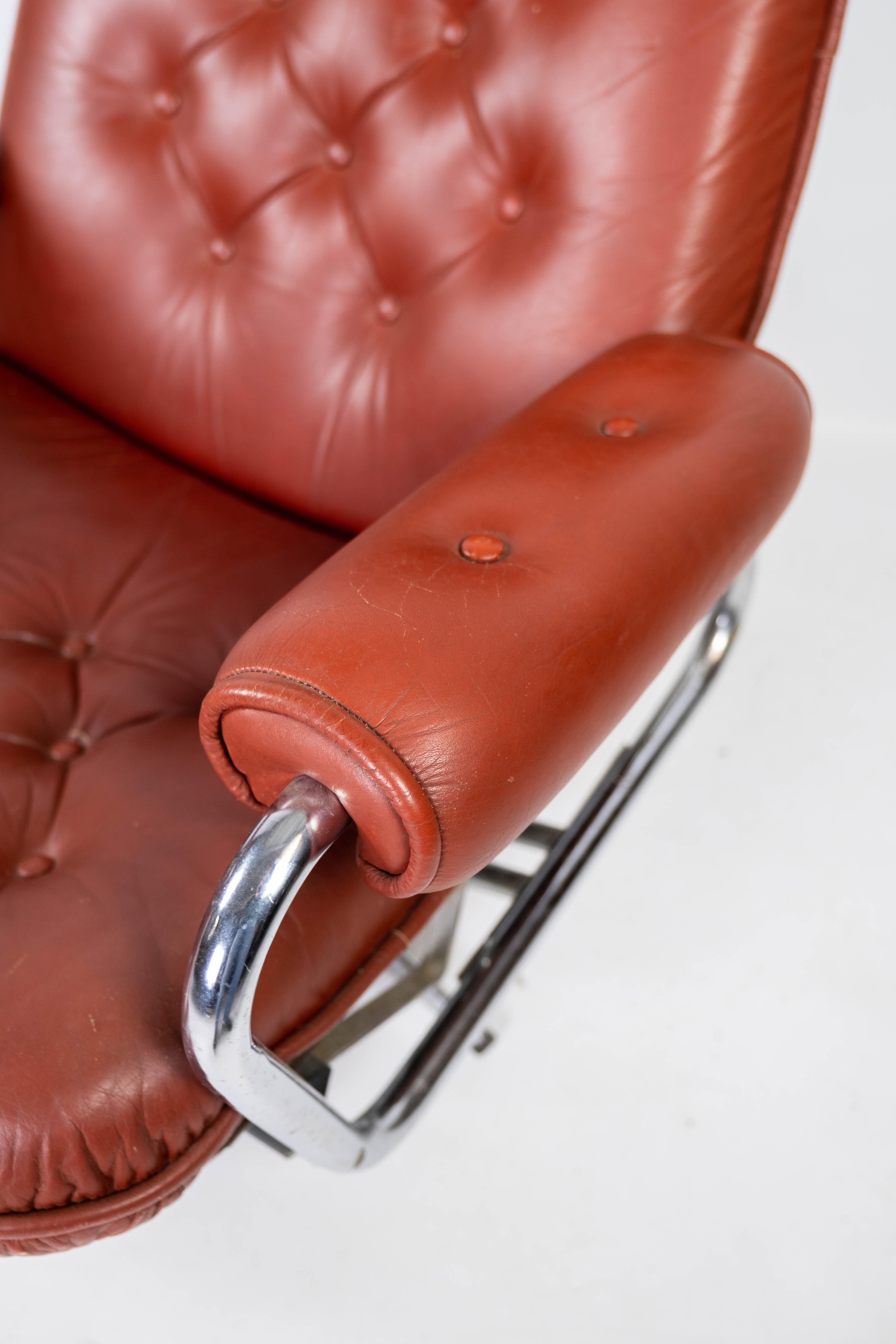 Danish Armchair Made In Red Leather & Frame Of Metal From 1960s For Sale