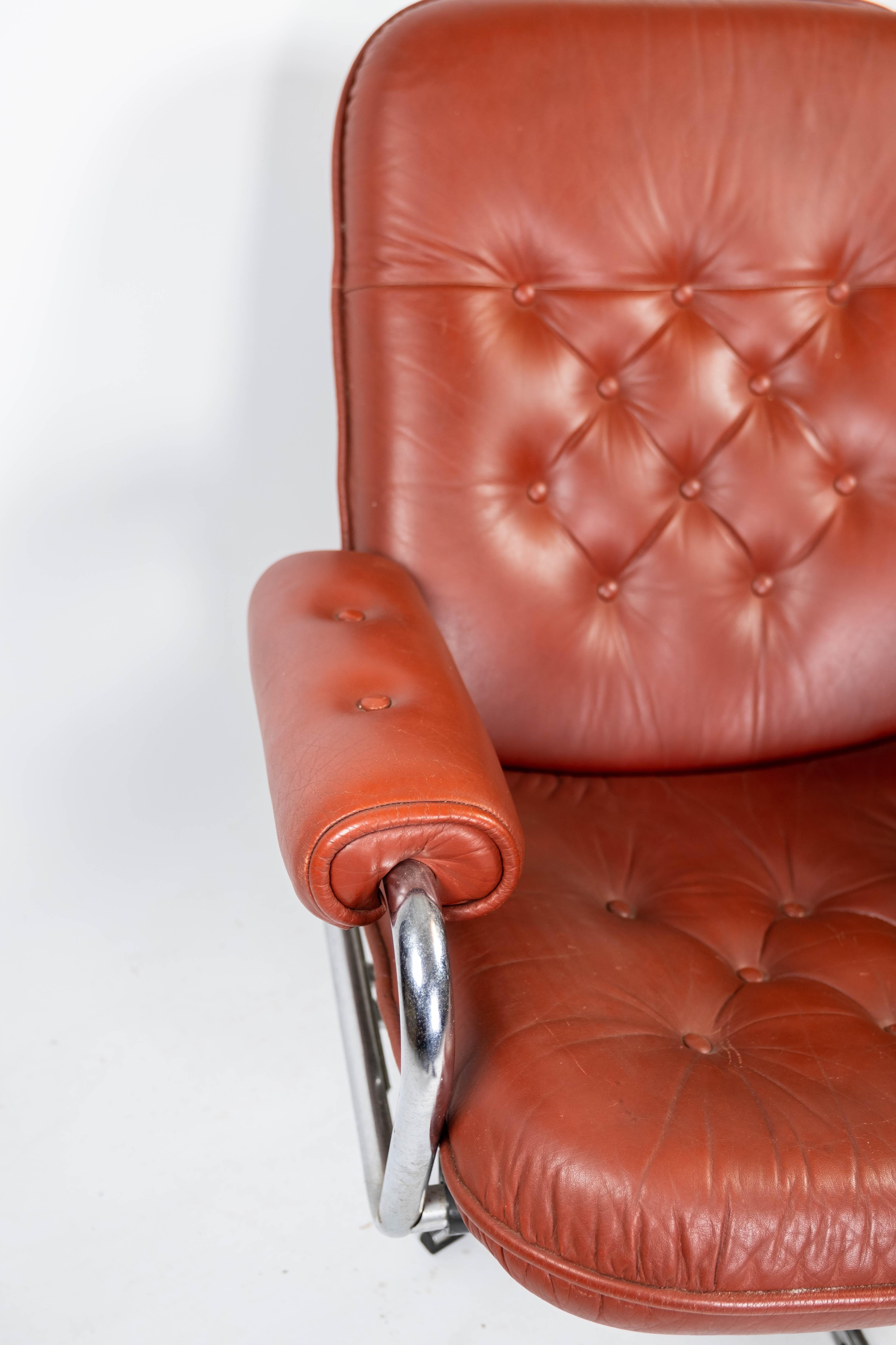 Armchair Upholstered with Red Leather and Frame of Metal, of Danish Design, 1960 1