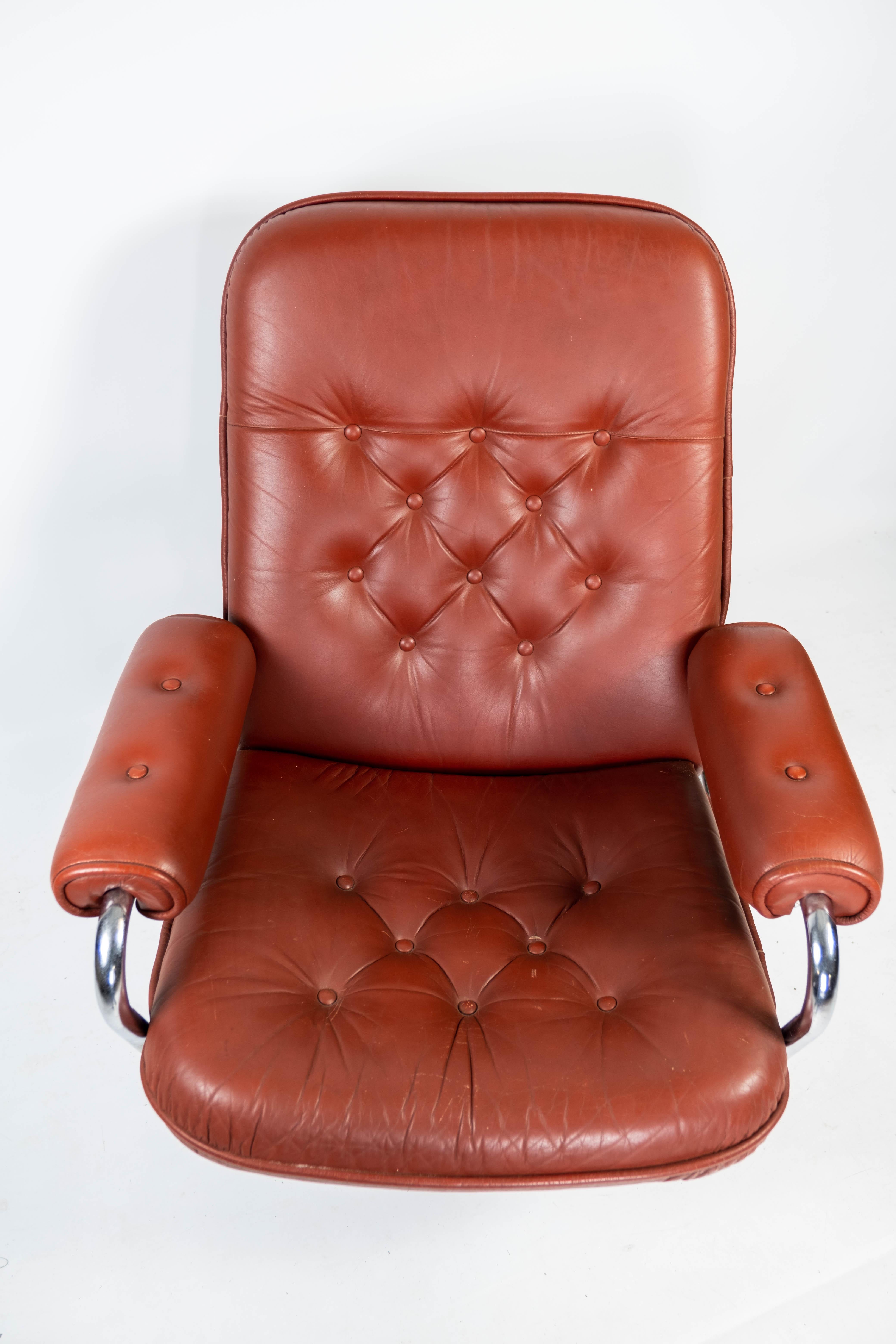 Armchair Upholstered with Red Leather and Frame of Metal, of Danish Design, 1960 For Sale 2