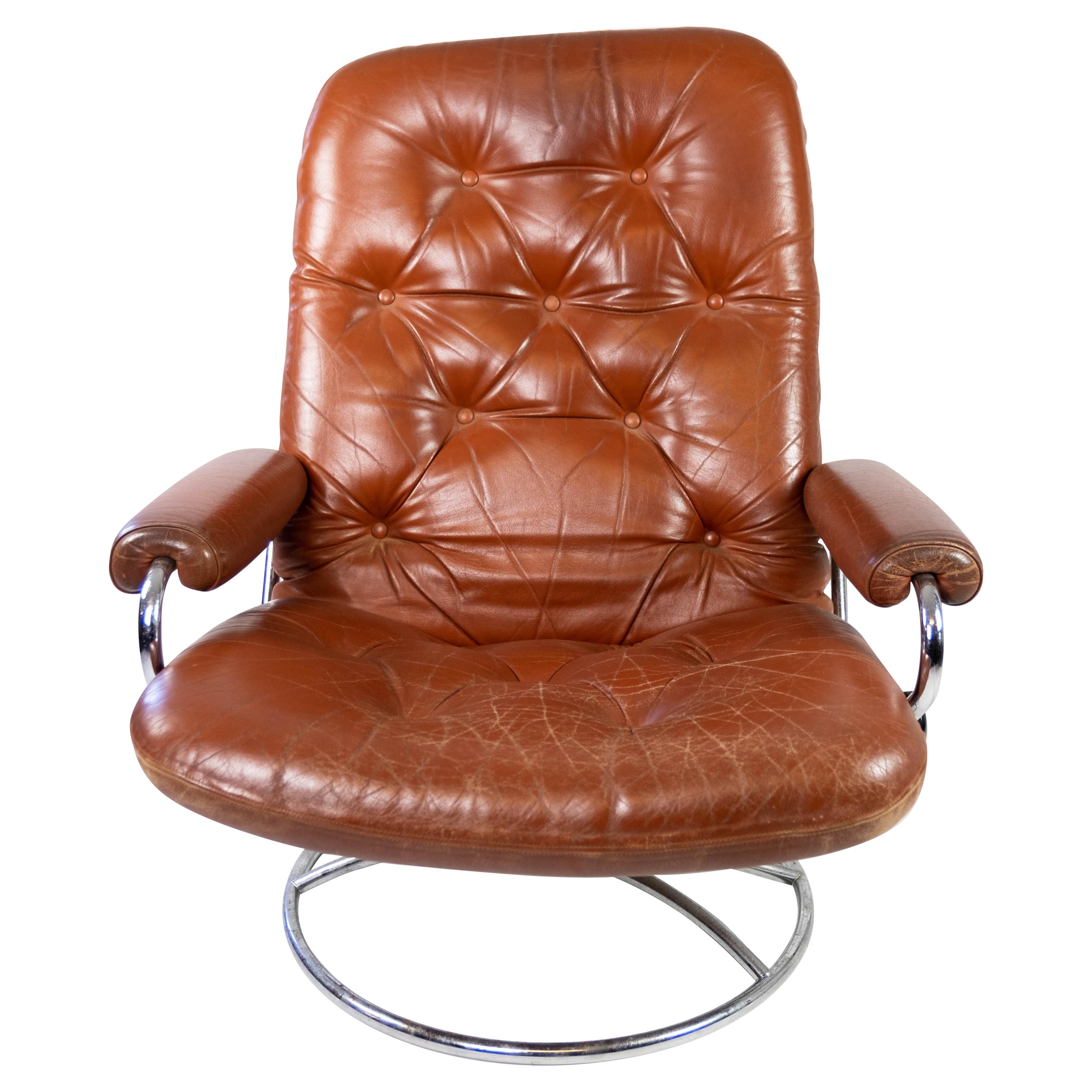 Armchair Upholstered with Red Leather and Frame of Metal, of Danish Design, 1960 For Sale