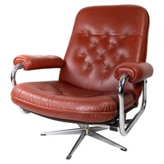 Used Armchair Made In Red Leather & Frame Of Metal From 1960s