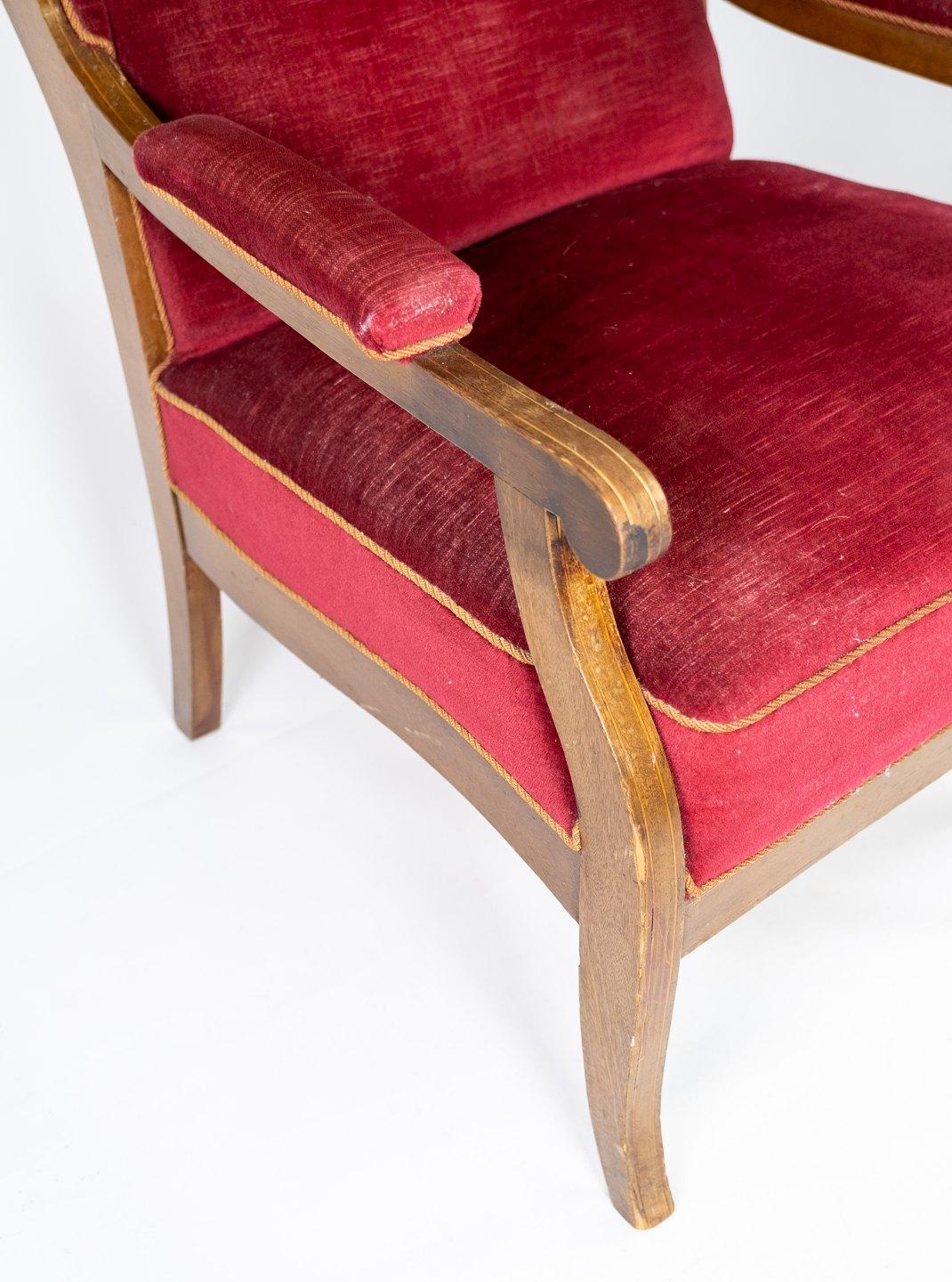 Danish Armchair Made In Red Velvet & Mahogany Designed By Frits Henningsen From 1940s For Sale
