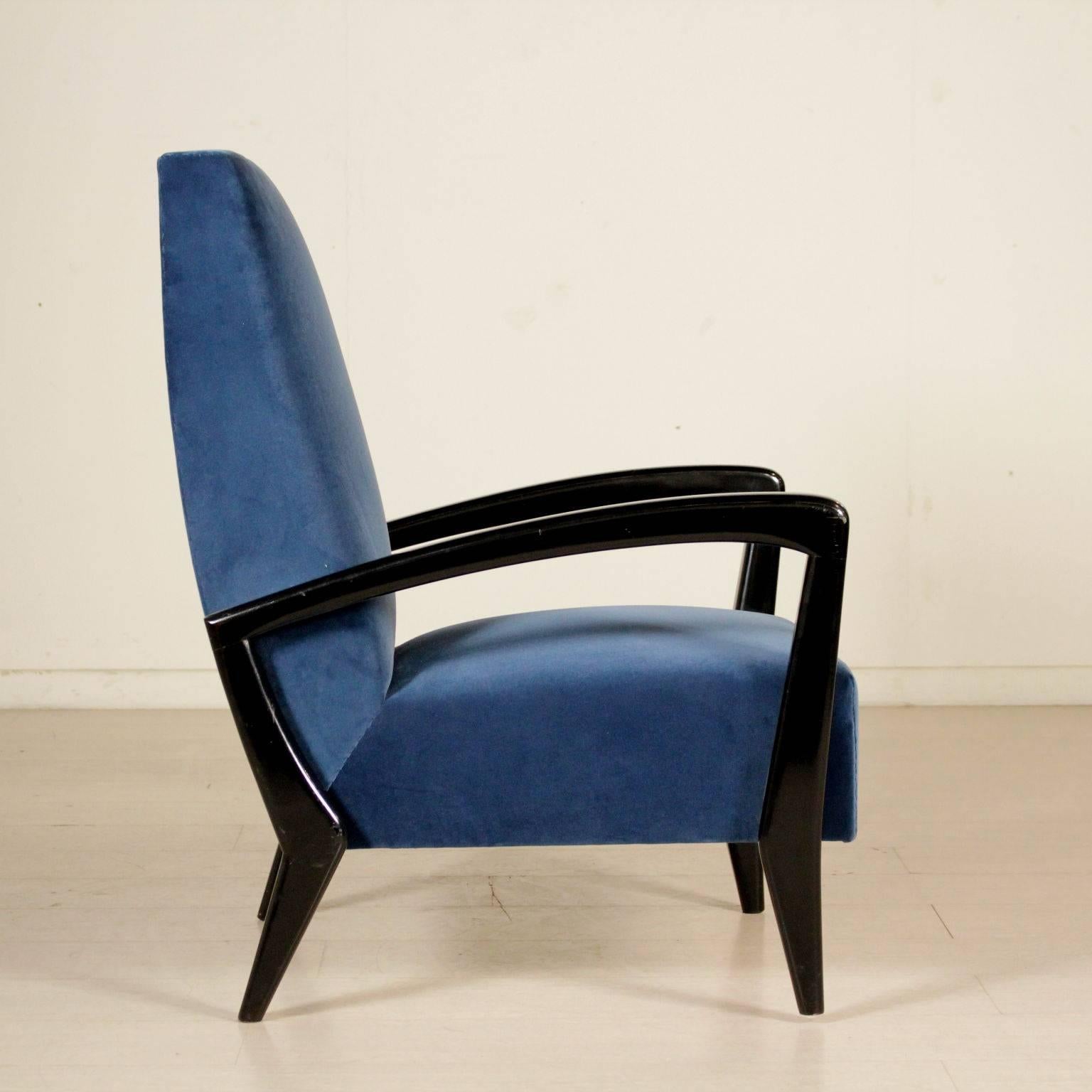 Mid-Century Modern Armchair Velvet Upholstery Stained Ebony Vintage, Italy, 1950s