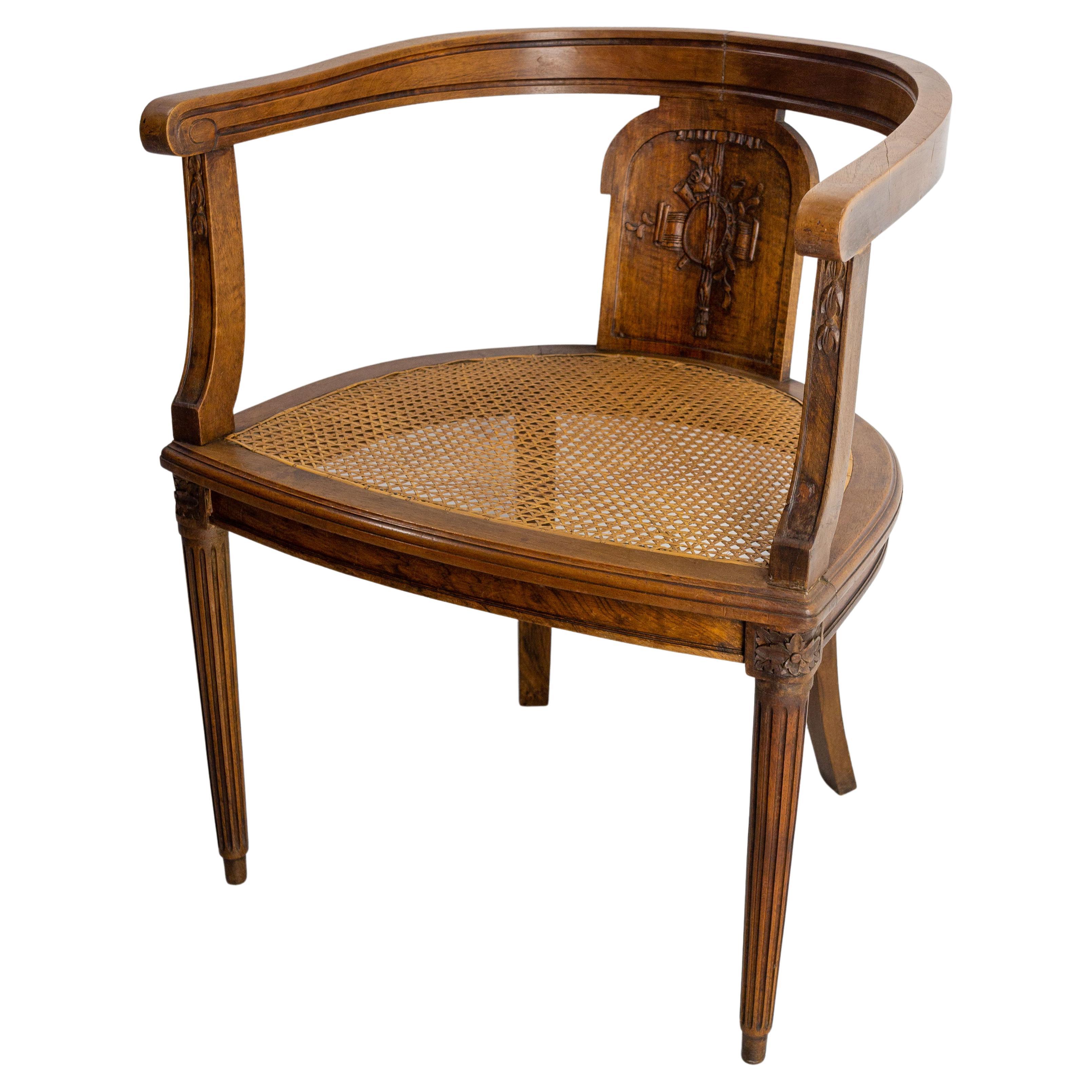 Armchair Walnut and Cane, in the Louis XVI St., Music Theme, French, circa 1900