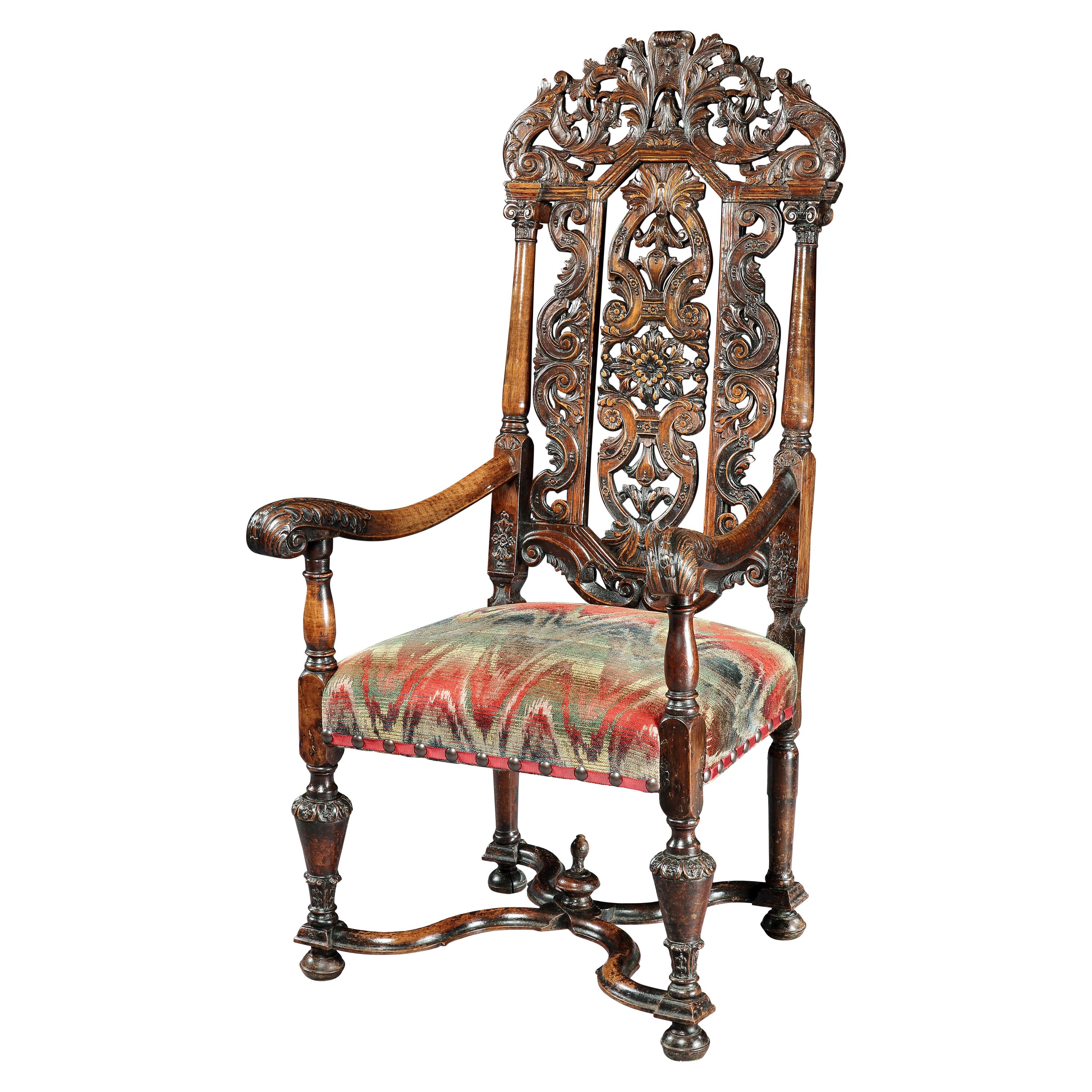 Armchair, Walnut, Carved, Upholstered, Daniel Marot, Flemish, 17 Century Baroque