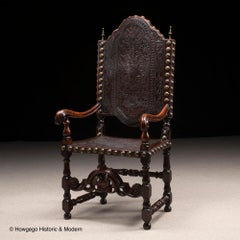 Armchair Walnut Embossed Leather Dutch Colonial