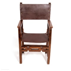 Armchair Walnut Leather Brown Spanish 17th Century Baroque Cordoba Ironwork