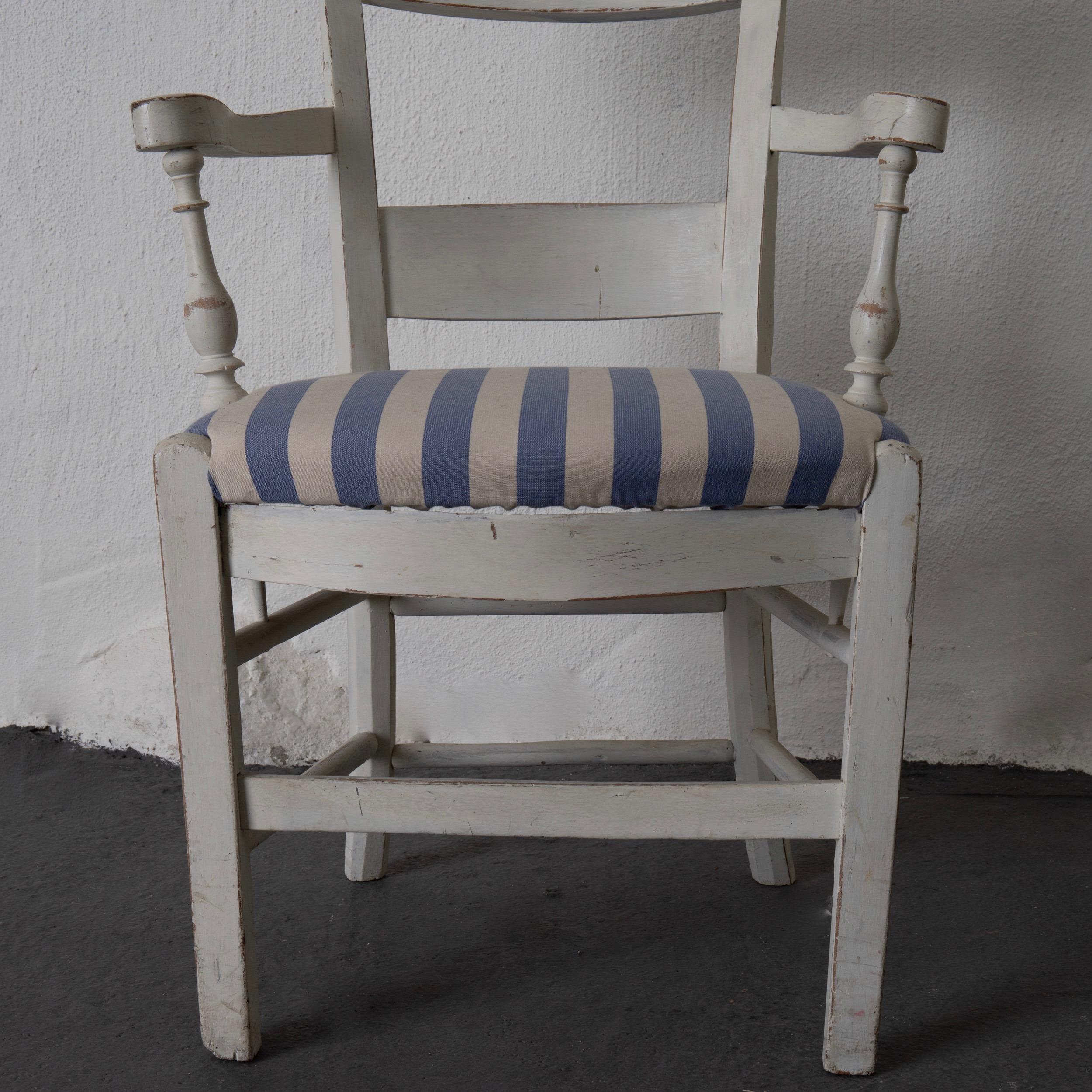 Wood Armchair White French 19th Century Blue and White Upholstery, France