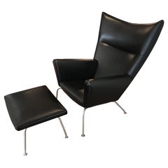 Armchair 'Wing chair' with Stool in Leather, Design Hans J. Wegner