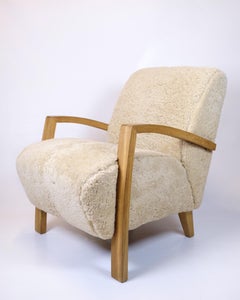 Armchair With Armrests In Sheep Wool & Oak, Danish Design