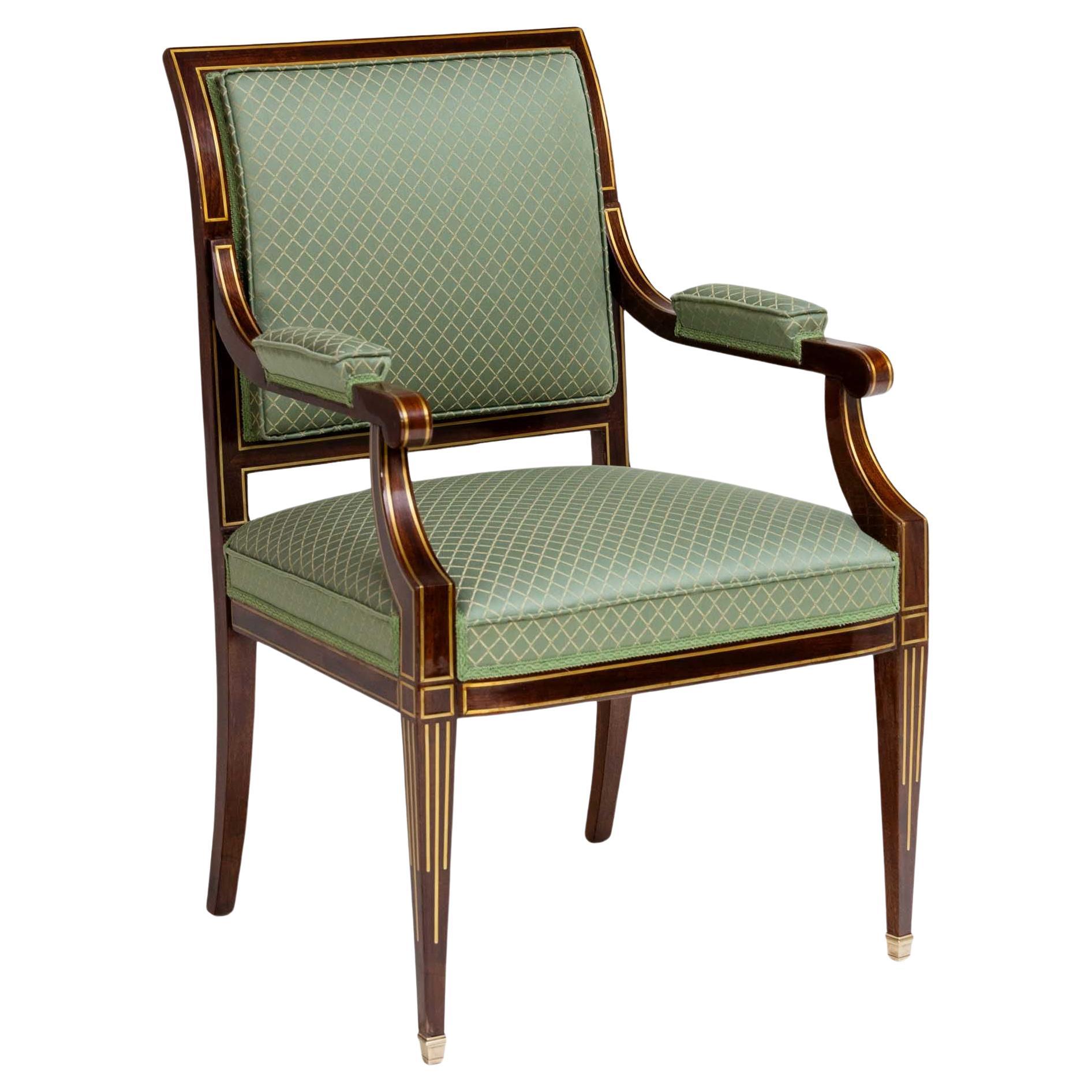 Armchair with Brass Inlays, 19th Century For Sale