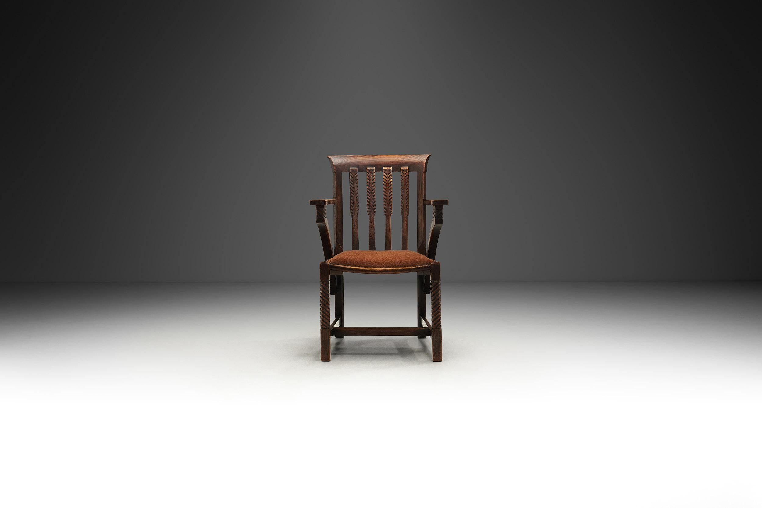 Arts and Crafts Armchair with Carved Details and Upholstered Seat, England ca 1920s For Sale