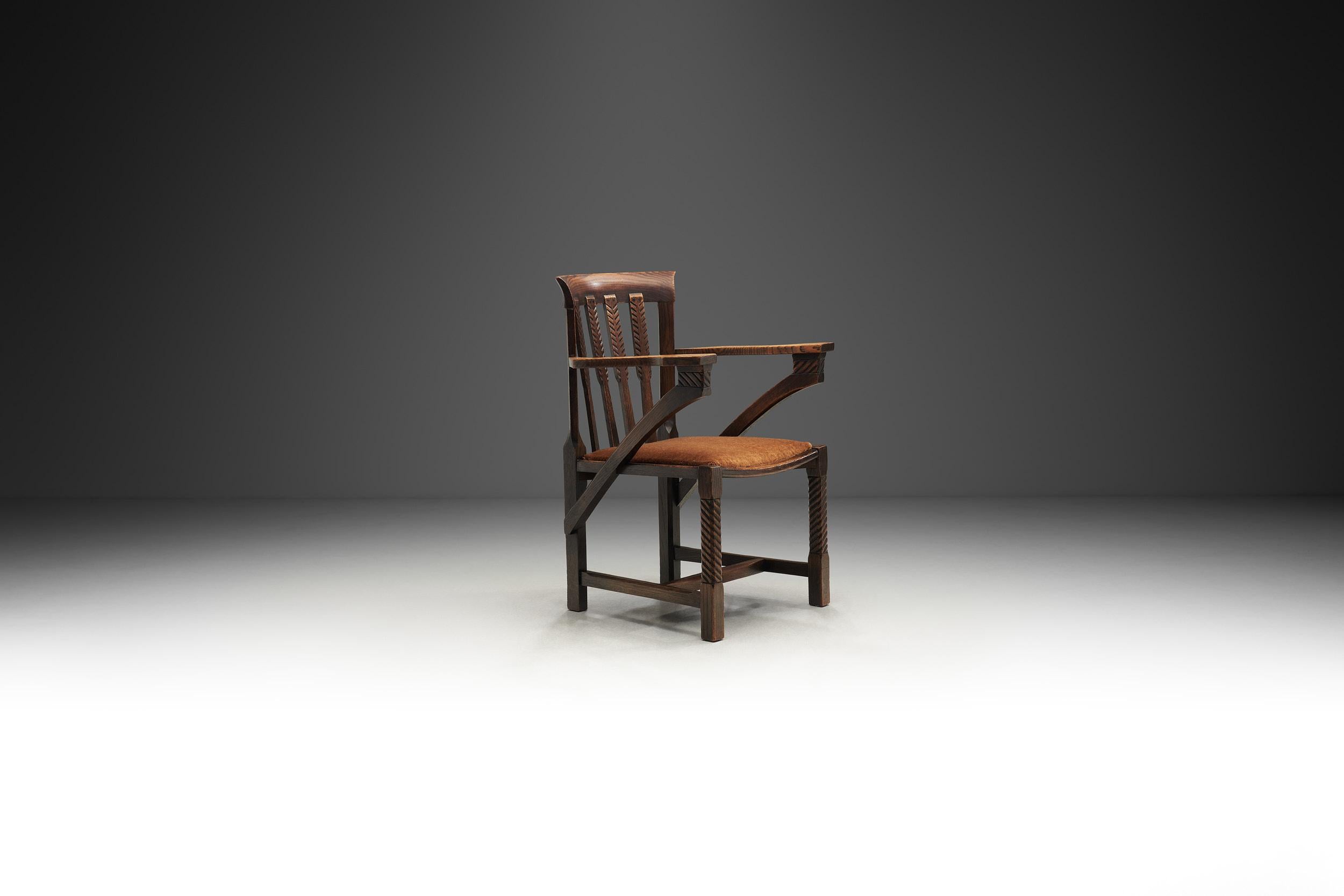 English Armchair with Carved Details and Upholstered Seat, England ca 1920s For Sale