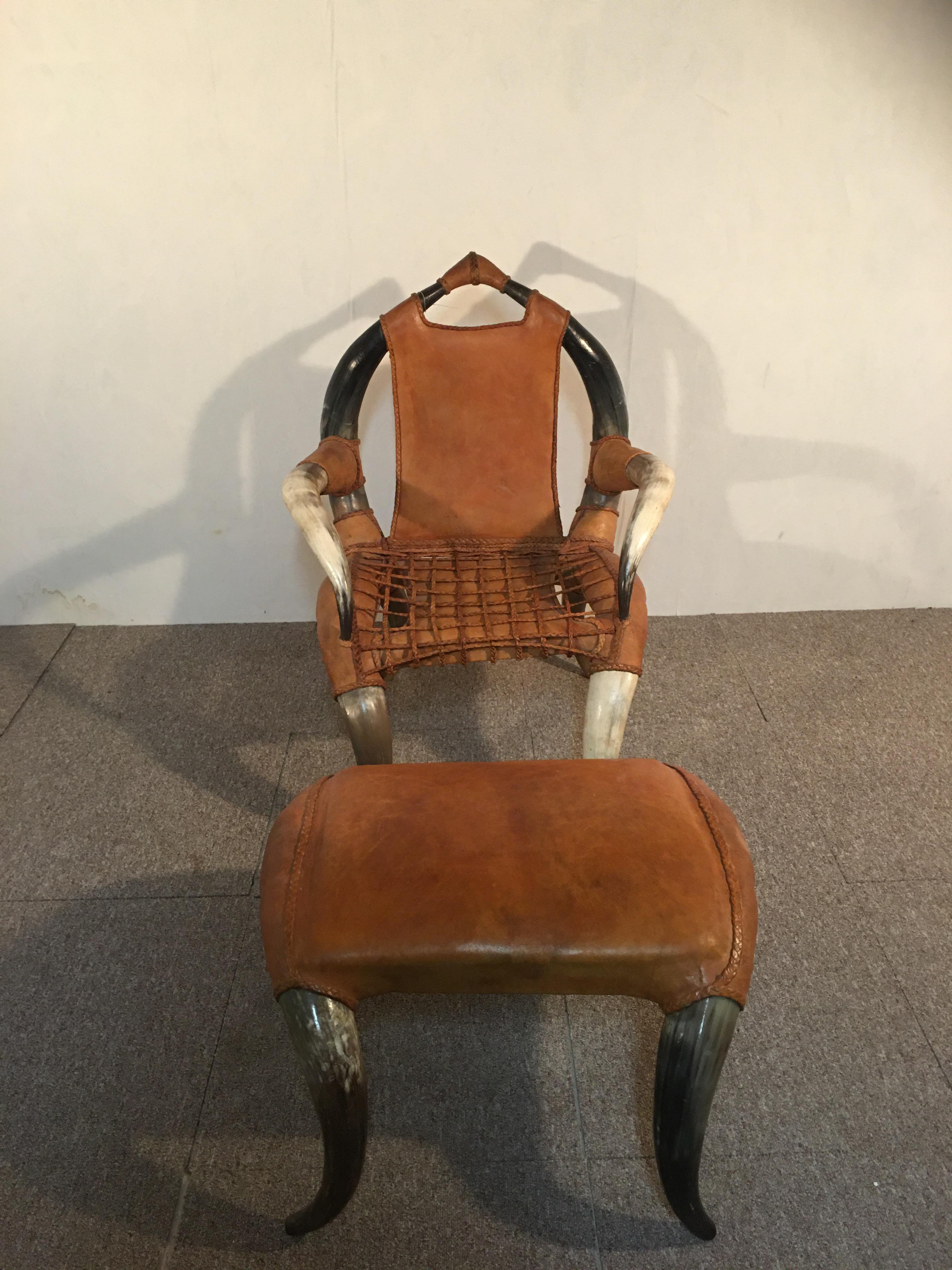 Aesthetic Movement Armchair with Ottoman Antique Horn For Sale