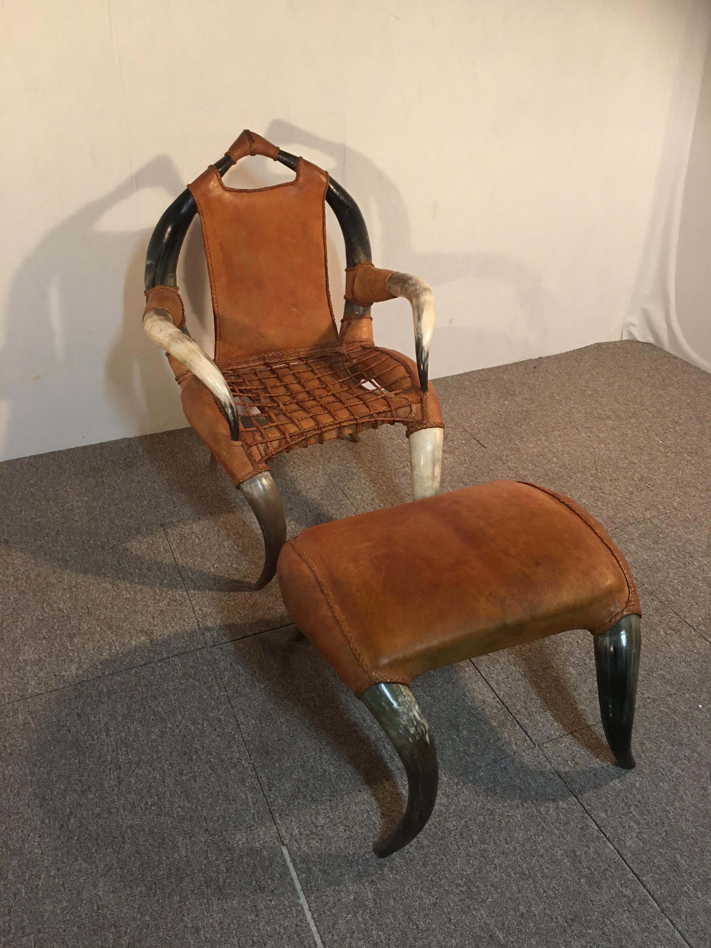 Hand-Crafted Armchair with Ottoman Antique Horn For Sale