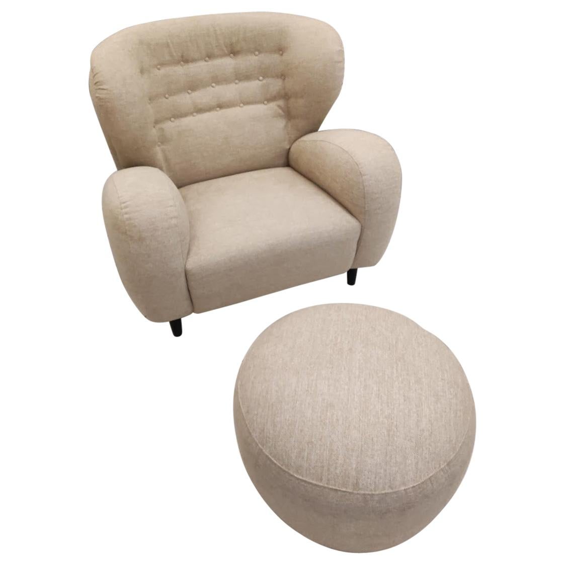 Armchair with Ottoman in Beige Fabric