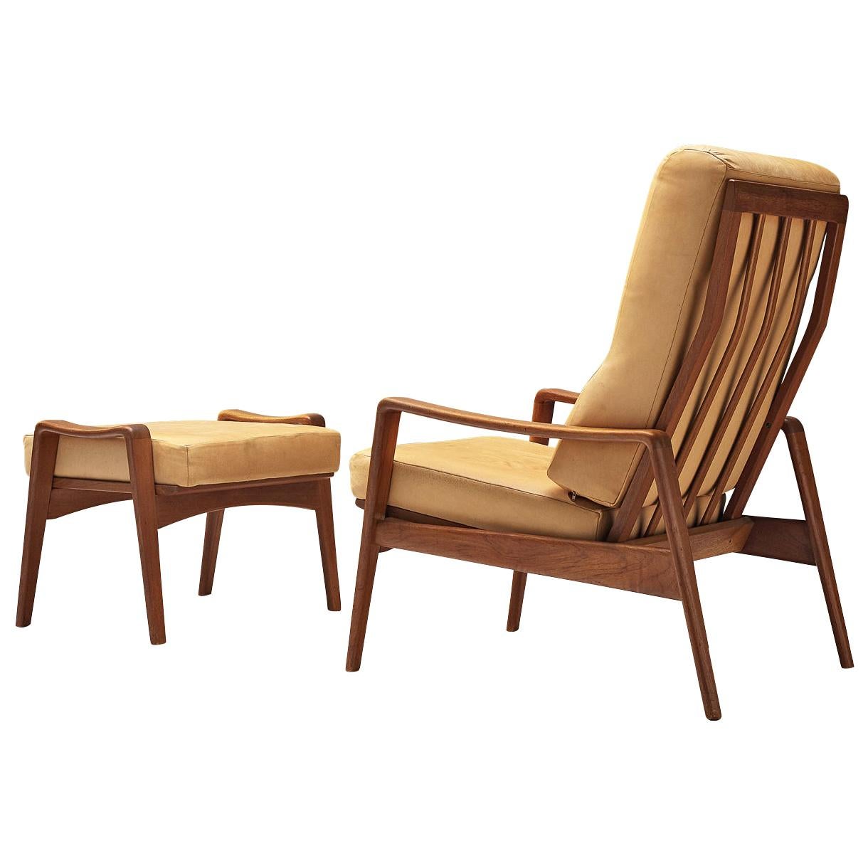 Arne Wahl Iversen Armchair with Ottoman in Teak and Camel Leather For Sale