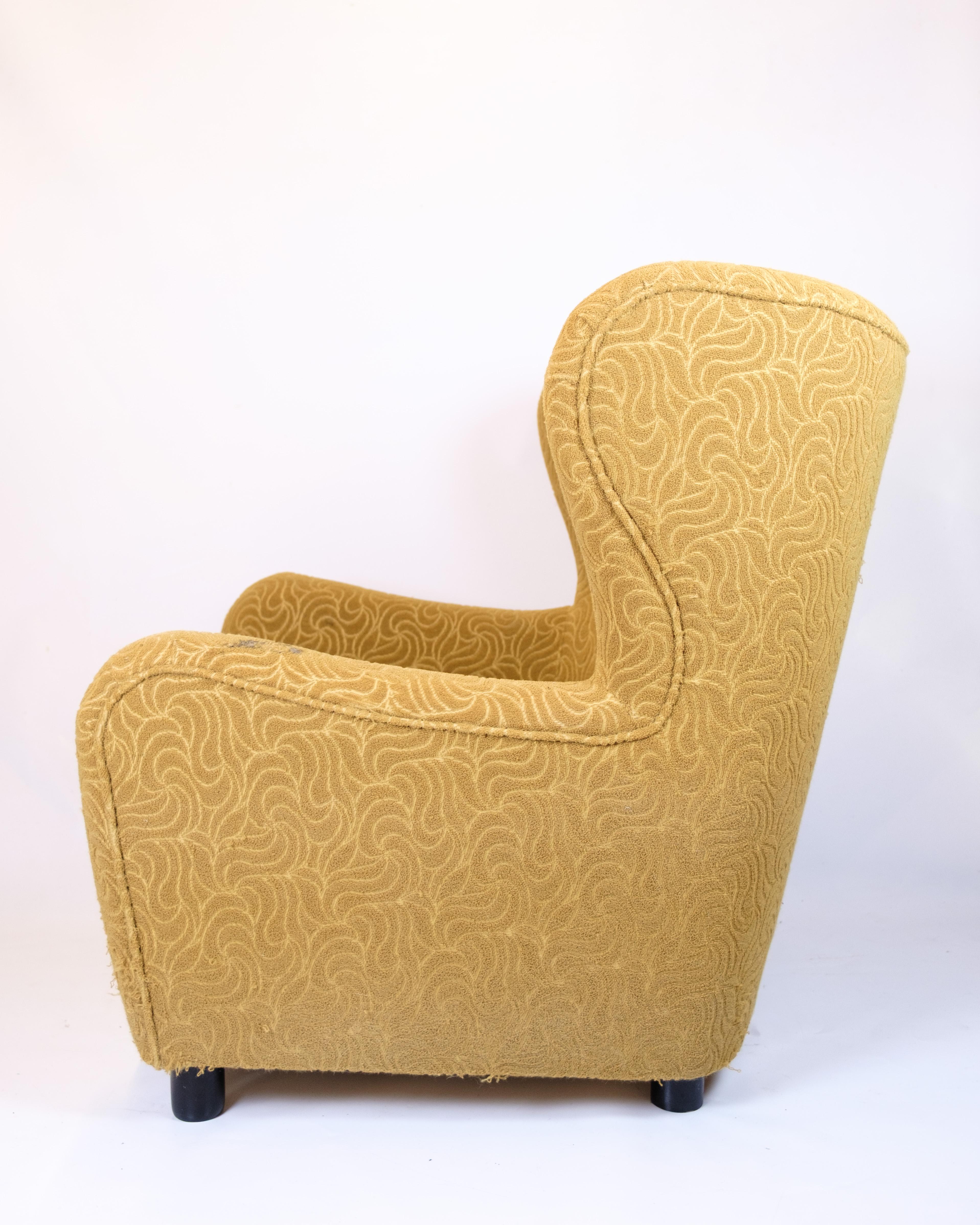 Danish Armchair With Ottoman, Patterned Yellow Fabric With Black Legs From 1940s For Sale
