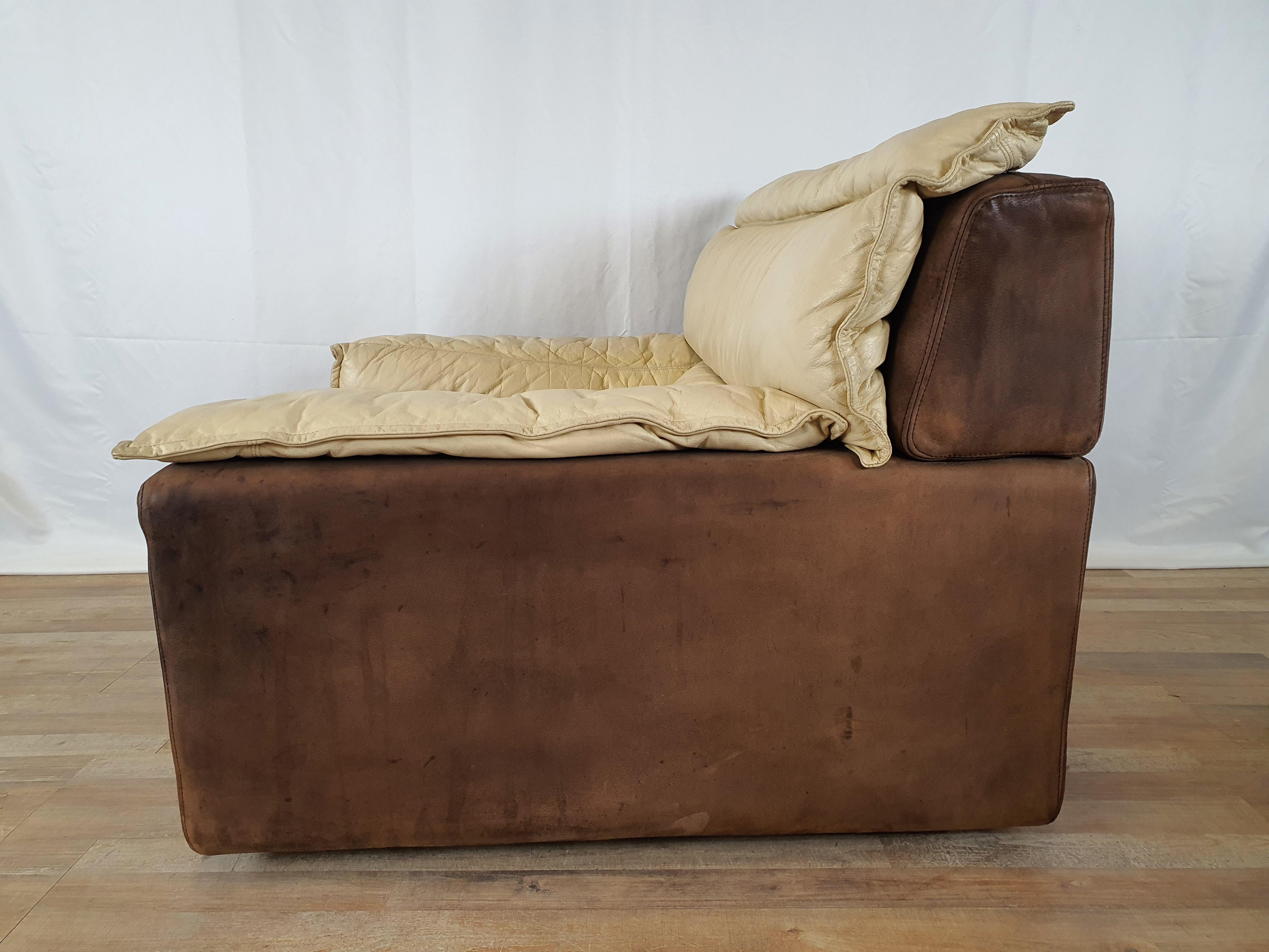 Mid-Century Modern Armchair with Pouf in Leather and Suede For Sale