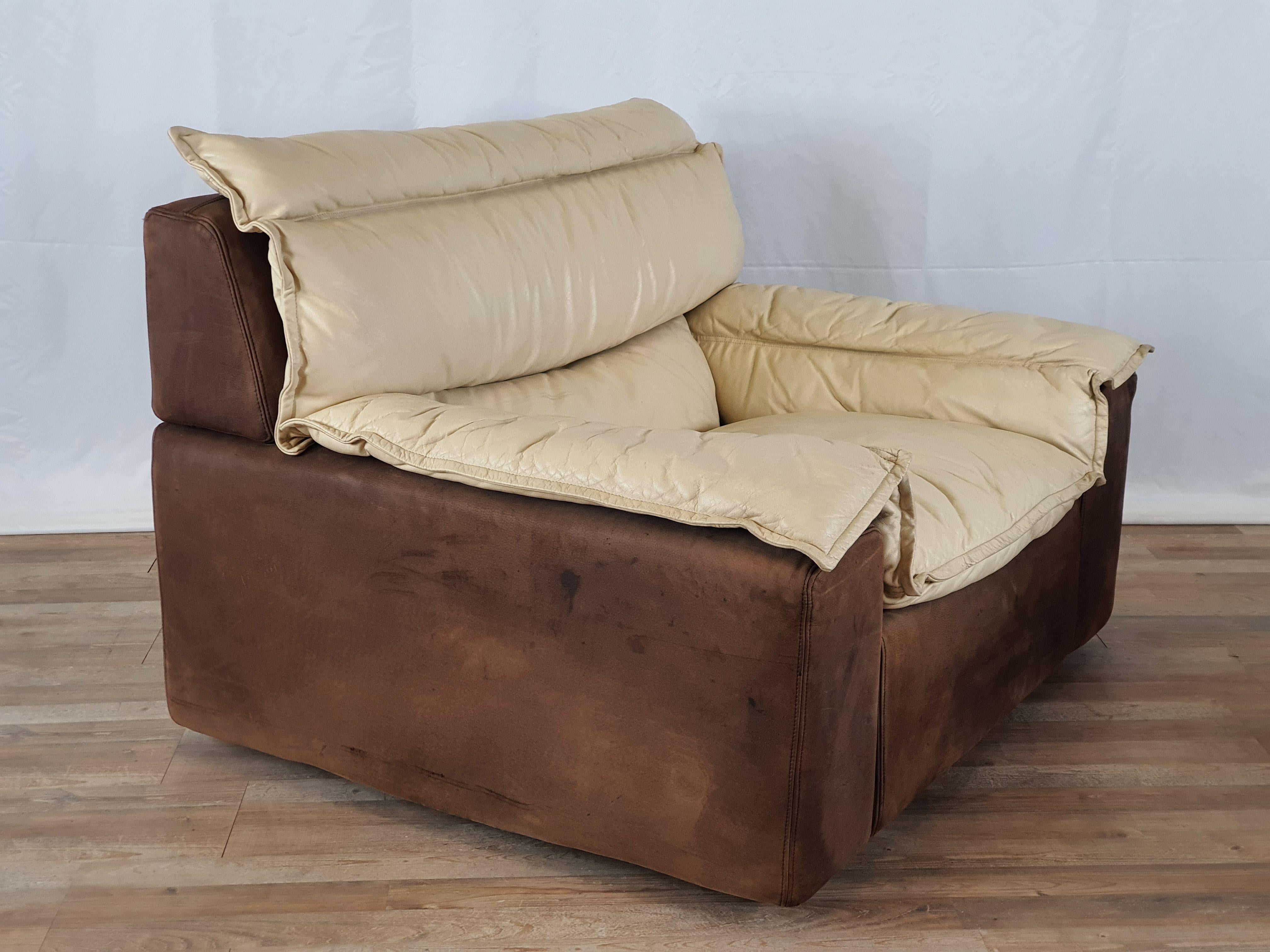 Late 20th Century Armchair with Pouf in Leather and Suede For Sale