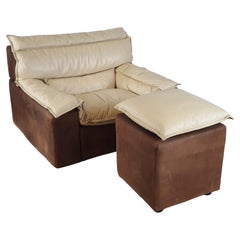 Used Armchair with Pouf in Leather and Suede