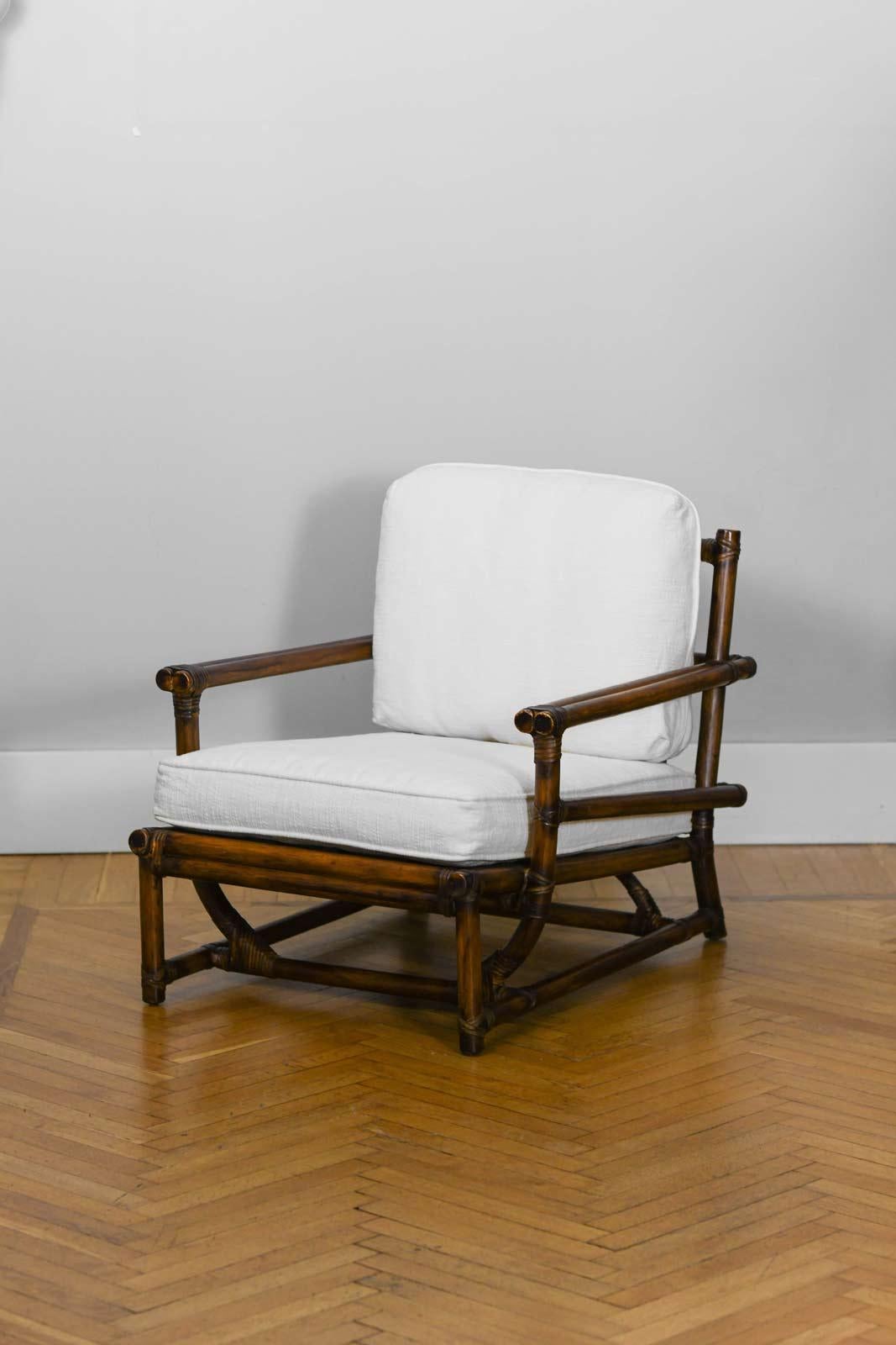 American Armchair with pouf, McGuire San Francisco 1970s For Sale