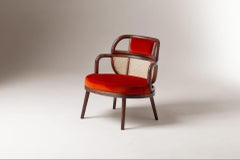 DOOQ Organic Modern Armchair Havana in Solid Walnut and Soft Red Cotton Velvet