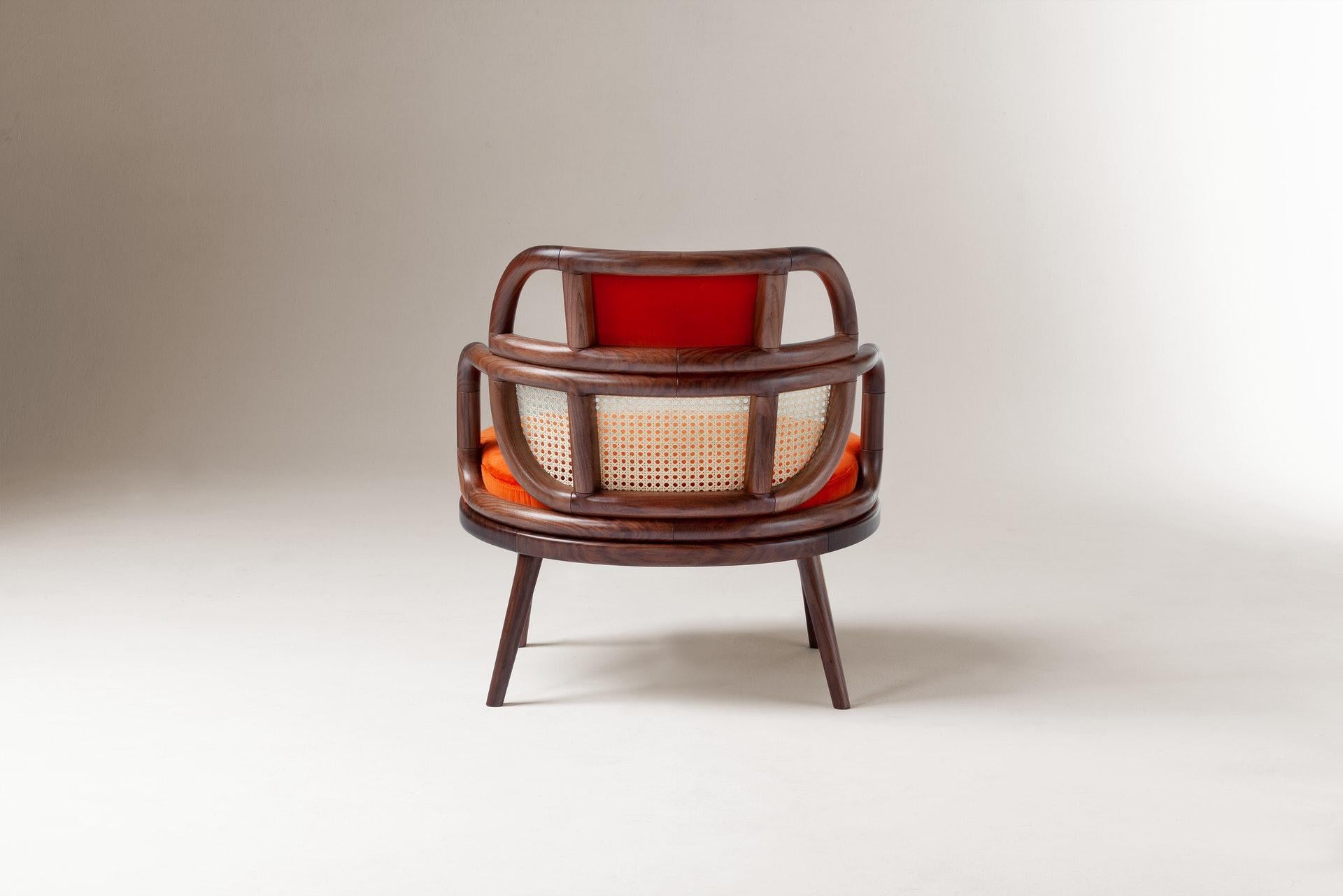 Mid-Century Modern DOOQ Organic Modern Armchair Havana in Solid Walnut and Soft Red Cotton Velvet For Sale