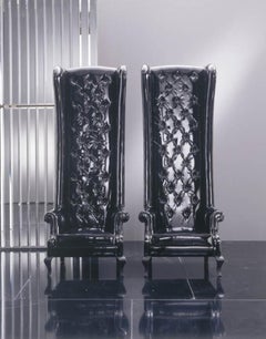 EIFFEL Black Vinyl Armchair with Tall Capitonnè Quilted Back - Sandblasted Oak