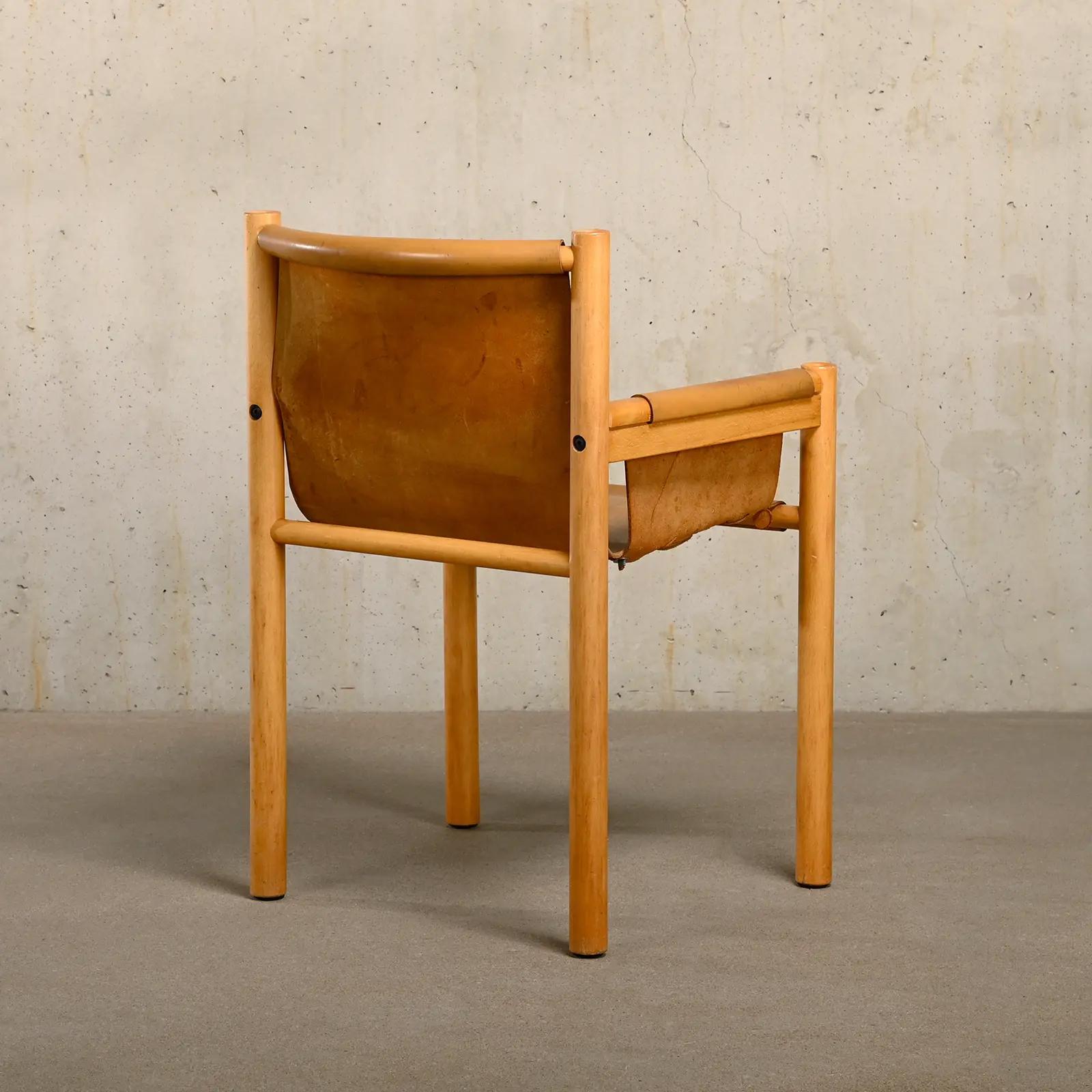Lacquered Armchair Wood and cognac colored Saddle Leather, Ibisco Italy 1970s