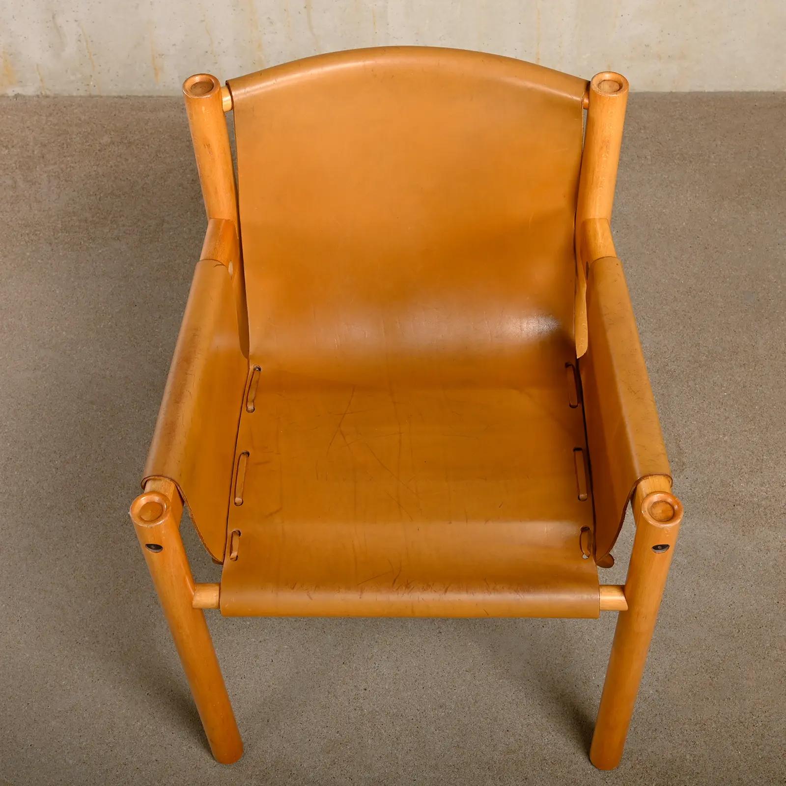 Late 20th Century Armchair Wood and cognac colored Saddle Leather, Ibisco Italy 1970s For Sale