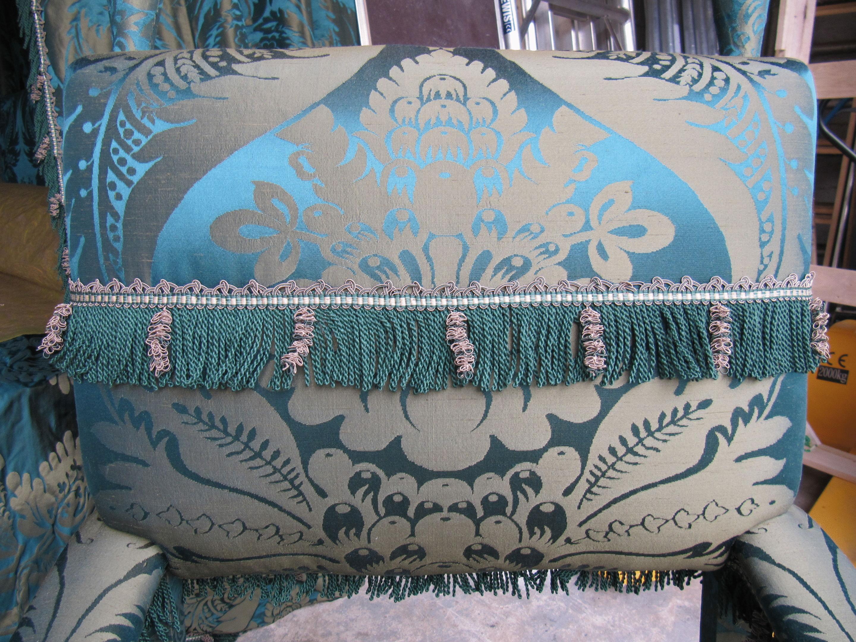 Armchair, X-Frame, 19th Century, English Jacobean-Style, Upholstered in a Green 1