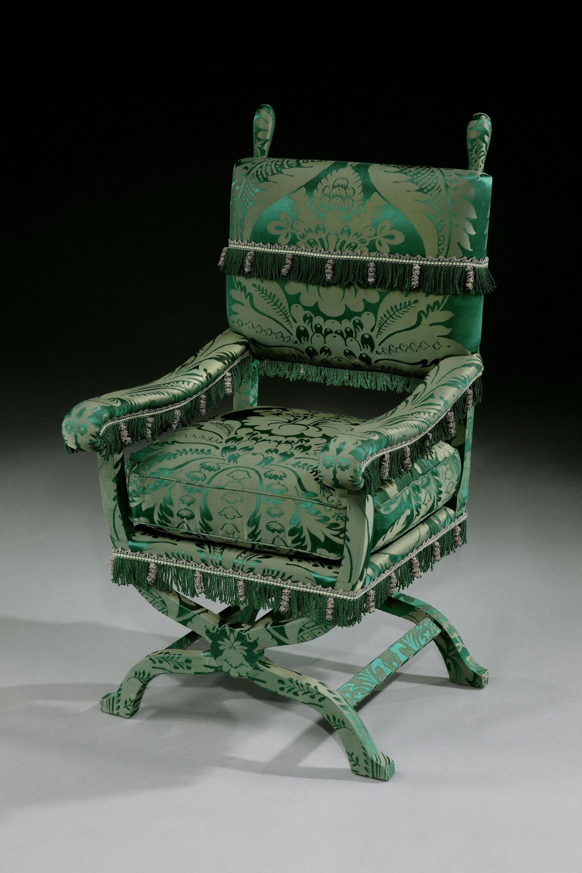 Armchair, X-Frame, 19th Century, English Jacobean-Style, Upholstered in a Green 3