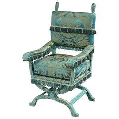 Antique Armchair, X-Frame, 19th Century, English Jacobean-Style, Upholstered in a Green