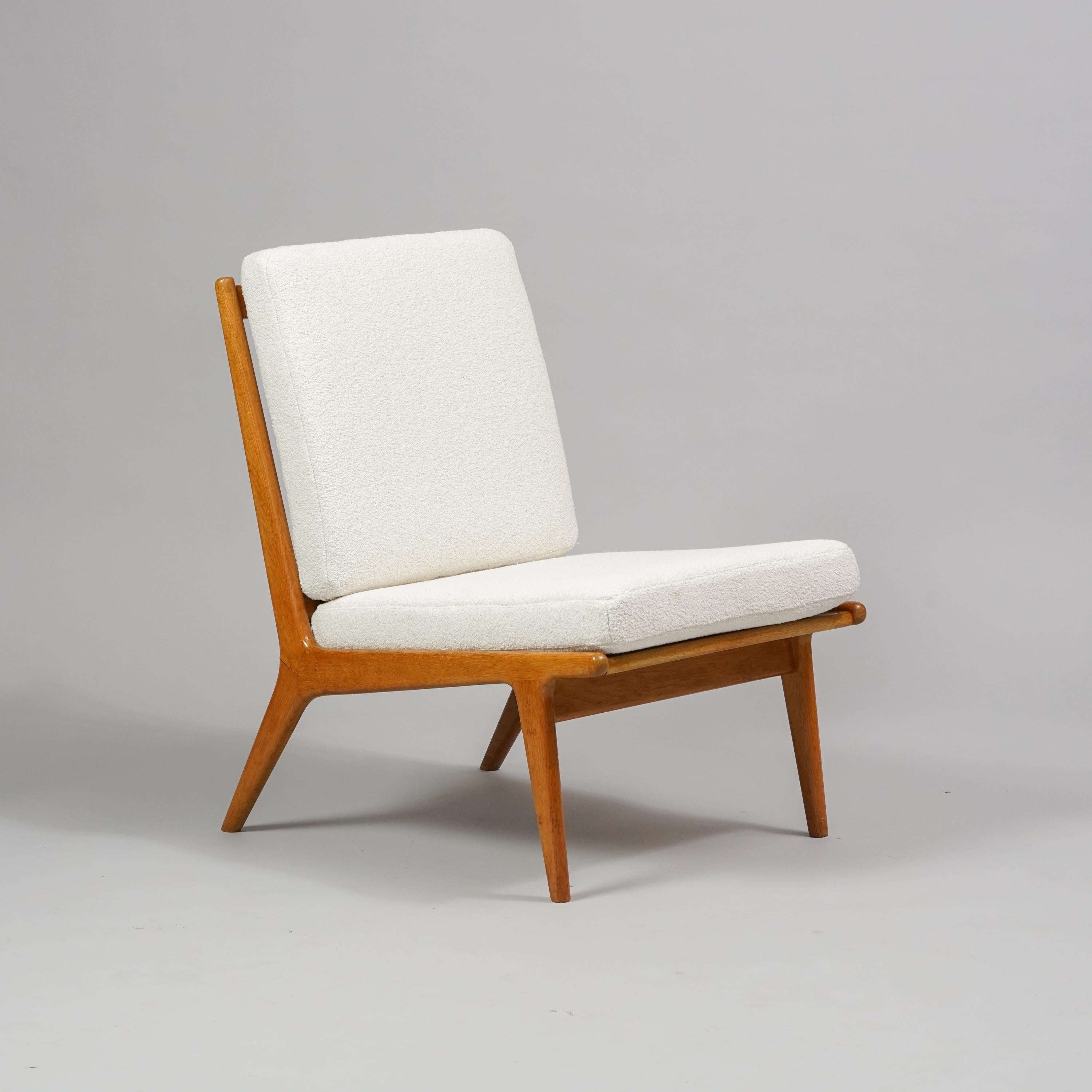 Armchairs (3 pieces) by Karl-Erik Ekselius JOC Möbler Vetlanda from the 1960, refinished oak frame, newly upholstered in high quality Lauritzon´s Lamm Ecru 501 -fabric. Manufacturers stamp on the bottom. Great condition, minor patina on the frames.