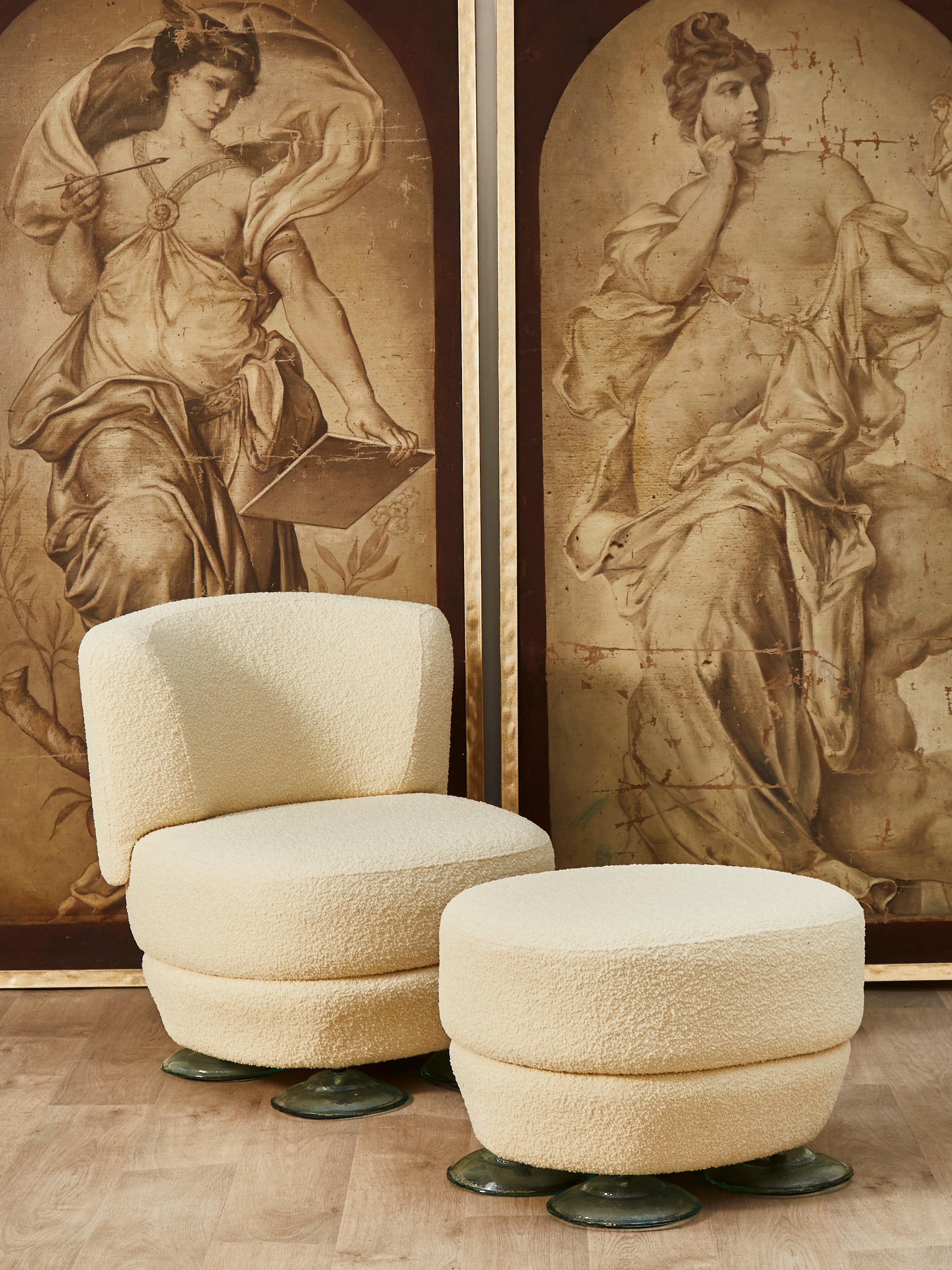 Vintage armchairs with one stool, designed by André Putman for the Hotel Pershing Hall Paris. Glass circular feet complete the unique design, circa 2001,
France.

Dimension of the stool: 60 x 41 x H 52 cm.
