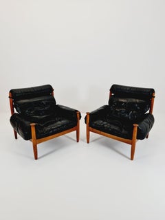 Armchairs By Eric Merthen for ire möbler  in Leather and Oak Wood, Sweden 1960s